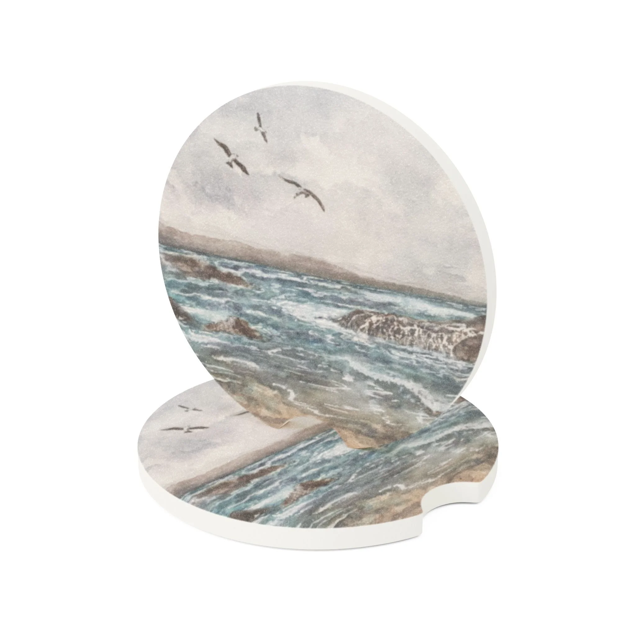 Ocean Car Coaster | Absorbent Soapstone Auto Accessory For Cup Holders | Happiness Comes In Waves Watercolor Art