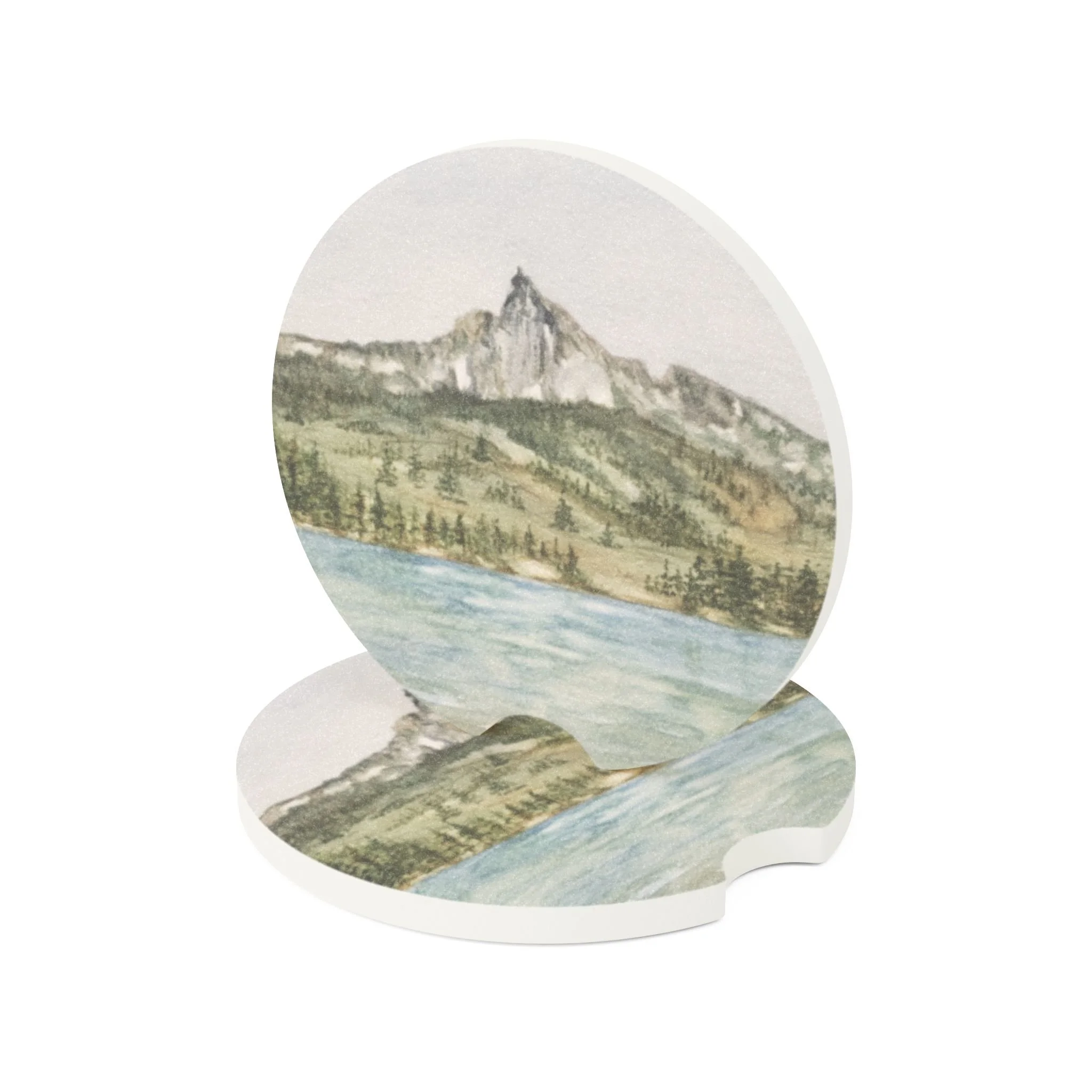 Mount Thielsen and Diamond Lake Car Coaster | Absorbent Soapstone Auto Accessory For Cup Holders | Watercolor Art