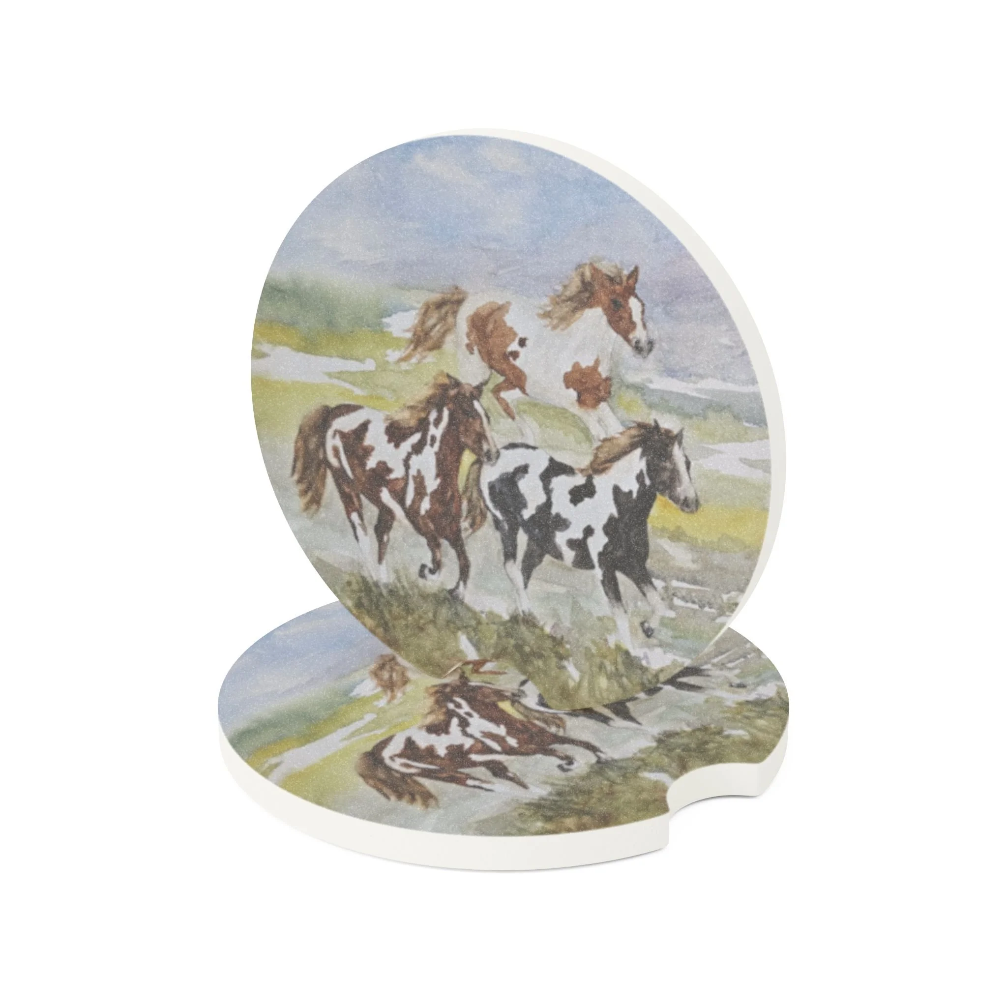 Pintos and Paints Car Coaster | Absorbent Soapstone Auto Accessory For Cup Holders | Horse Watercolor Art