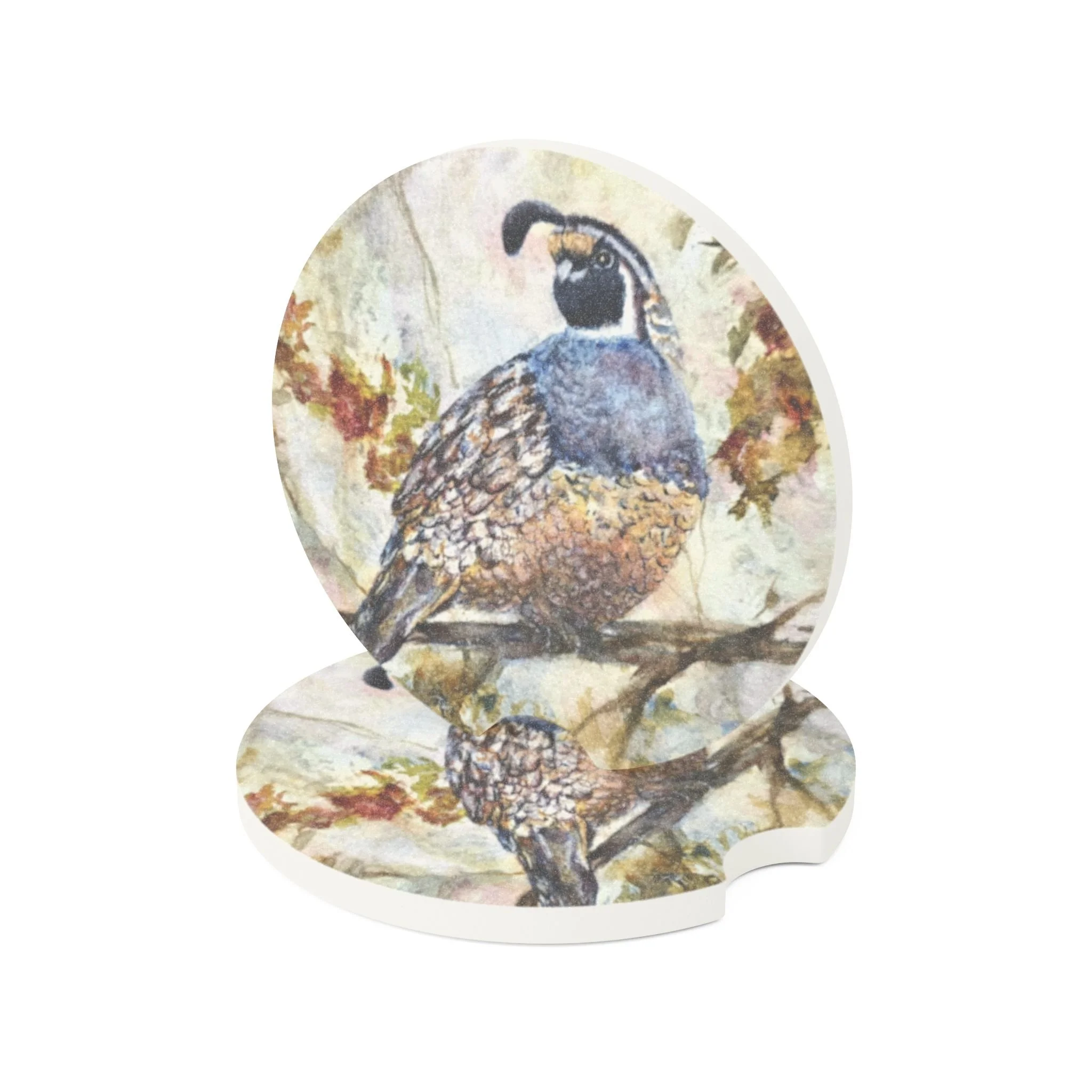 Quail Car Coaster | Absorbent Soapstone Auto Accessory For Cup Holders | Bird Watercolor Art
