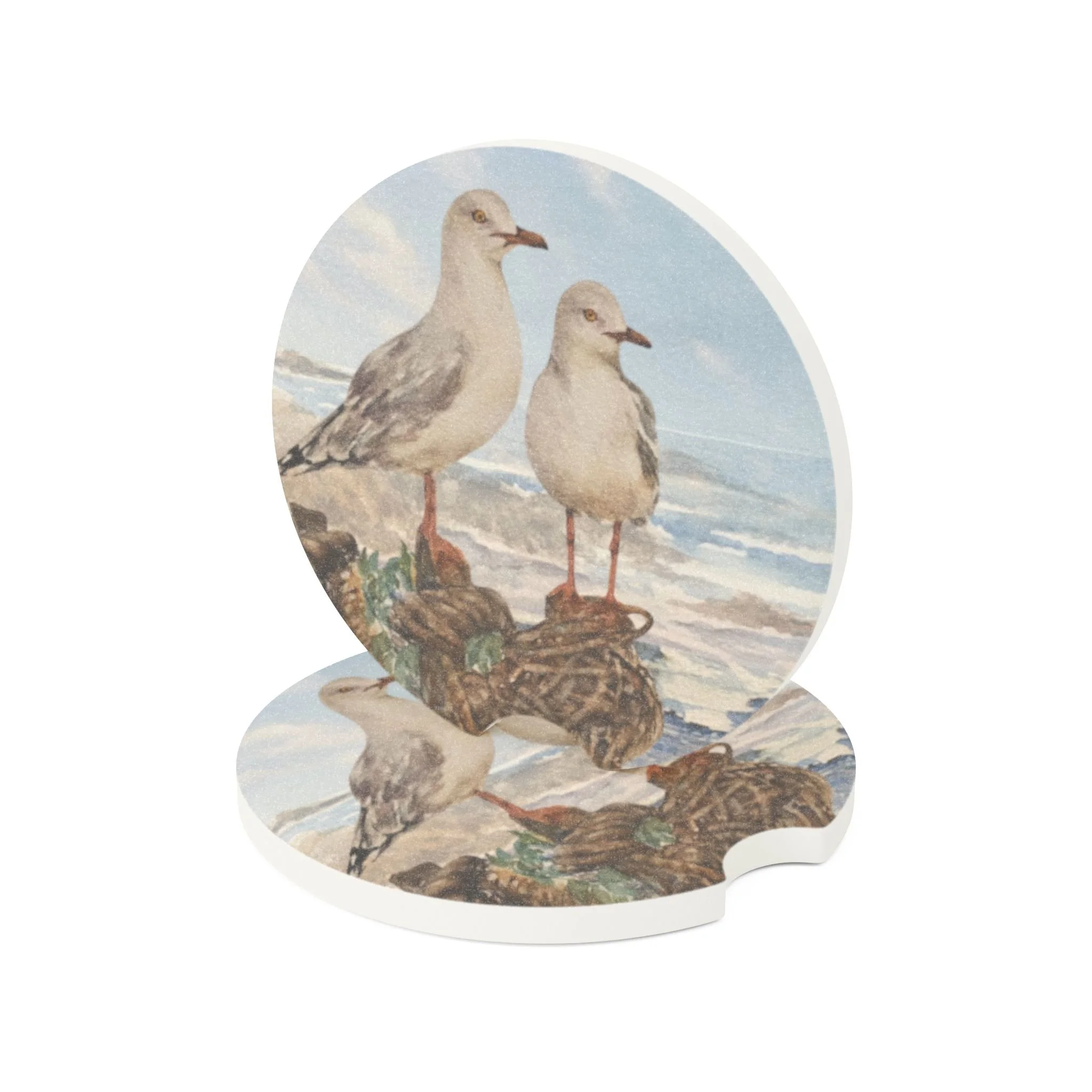 Seagulls Car Coaster | Absorbent Soapstone Auto Accessory For Cup Holders | Coastal Companions Watercolor Art