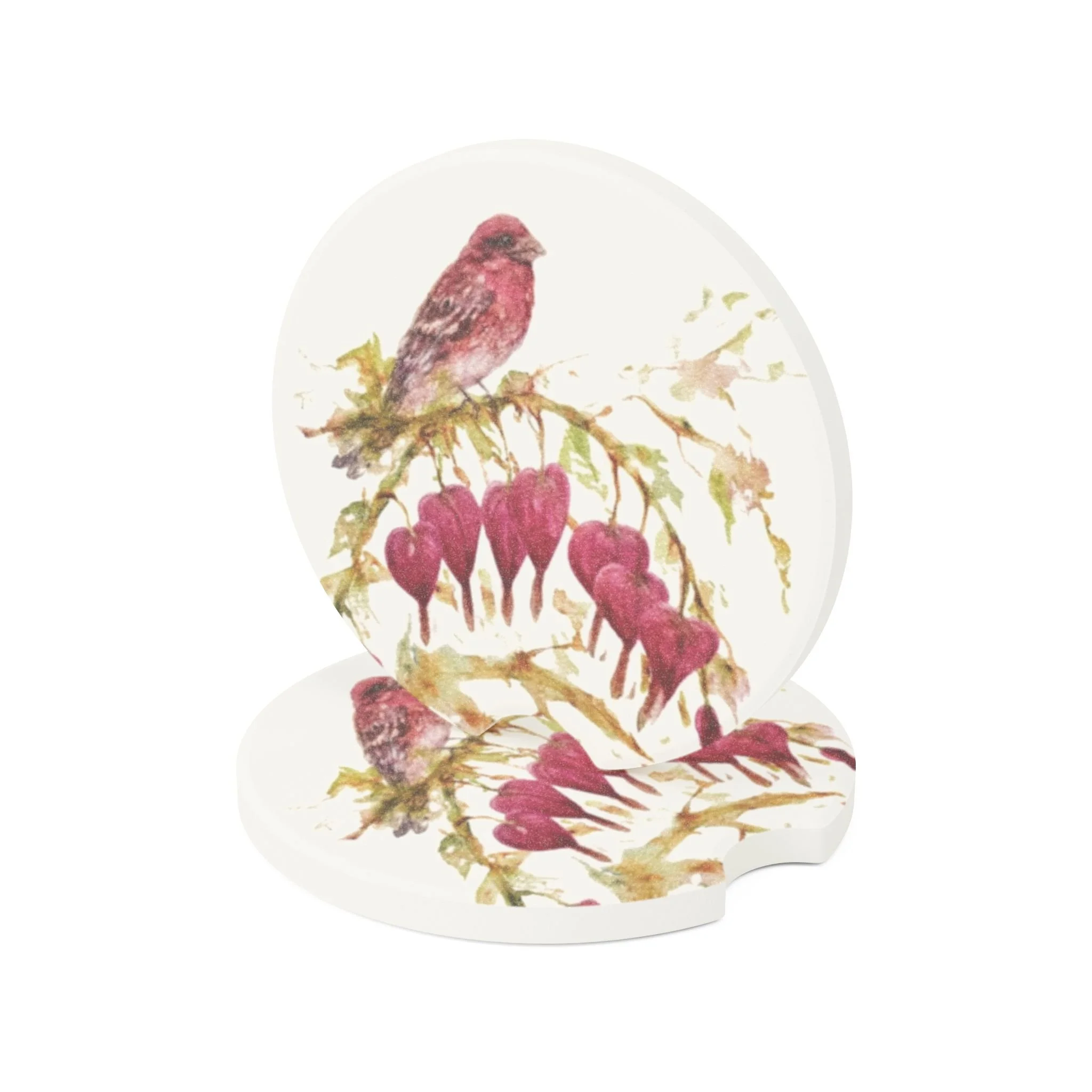 Bleeding Hearts and Finch Car Coaster | Absorbent Soapstone Auto Accessory For Cup Holders | Floral and Bird Watercolor Art
