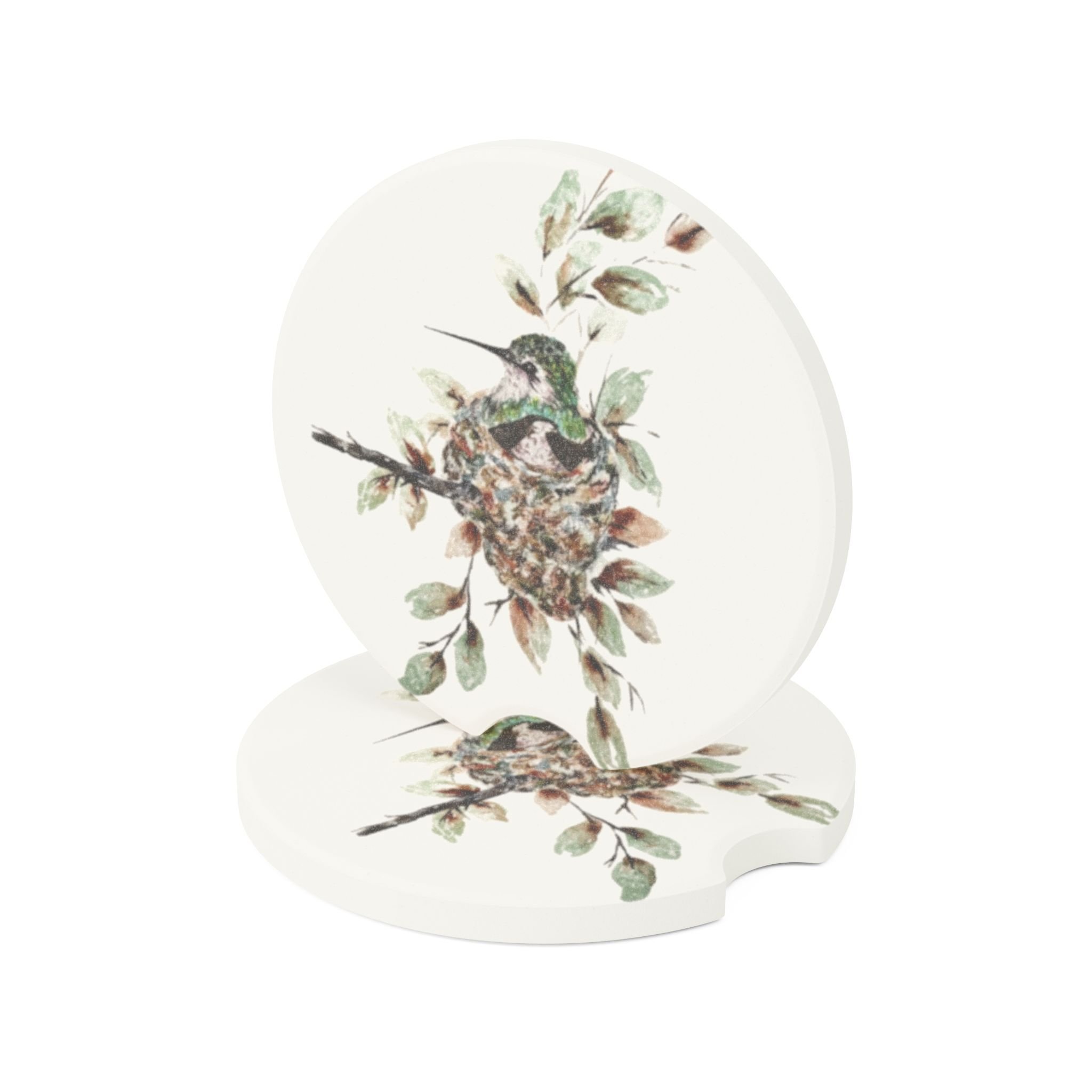 Hummingbird Nesting Car Coaster | Absorbent Soapstone Auto Accessory For Cup Holders | Bird Watercolor Art