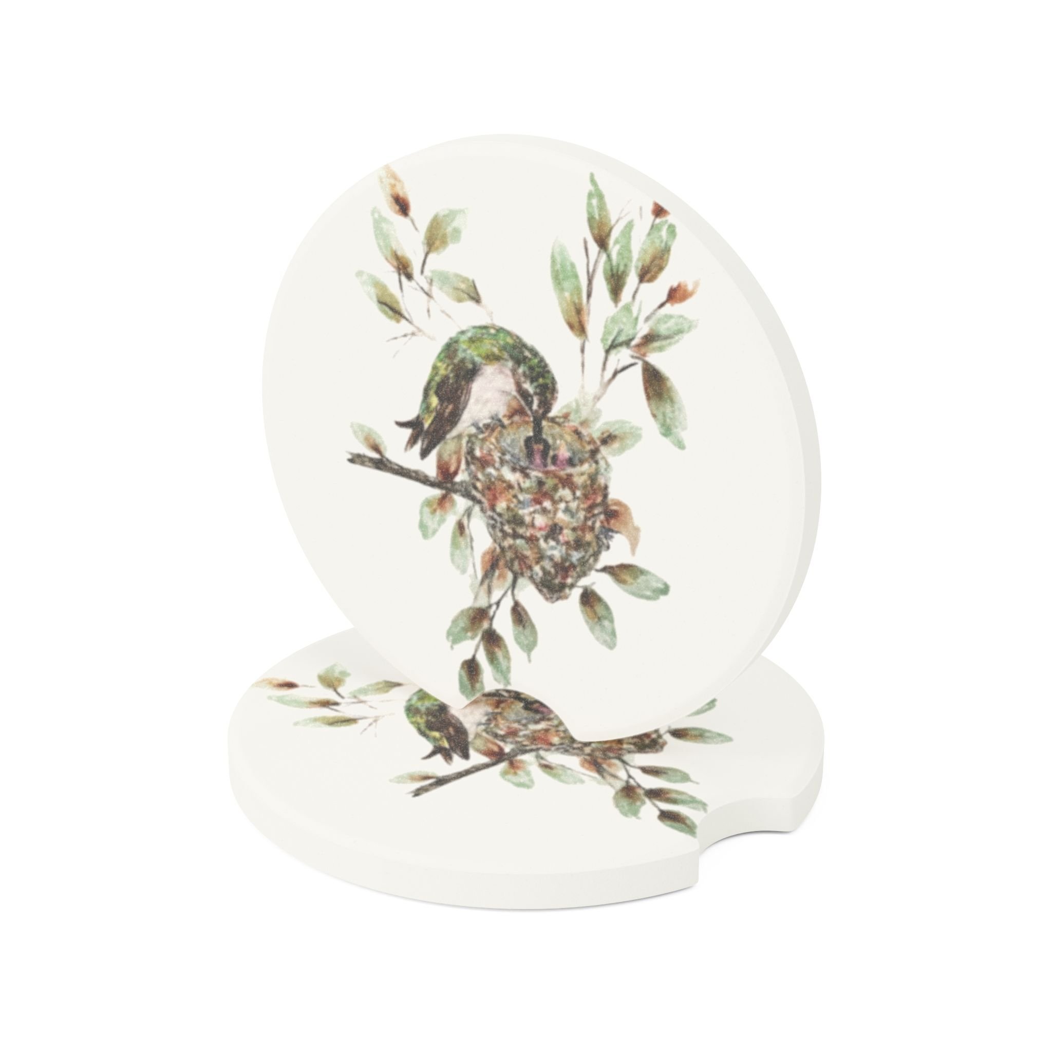 Hummingbird Hatchlings Car Coaster | Absorbent Soapstone Auto Accessory For Cup Holders | Bird Watercolor Art