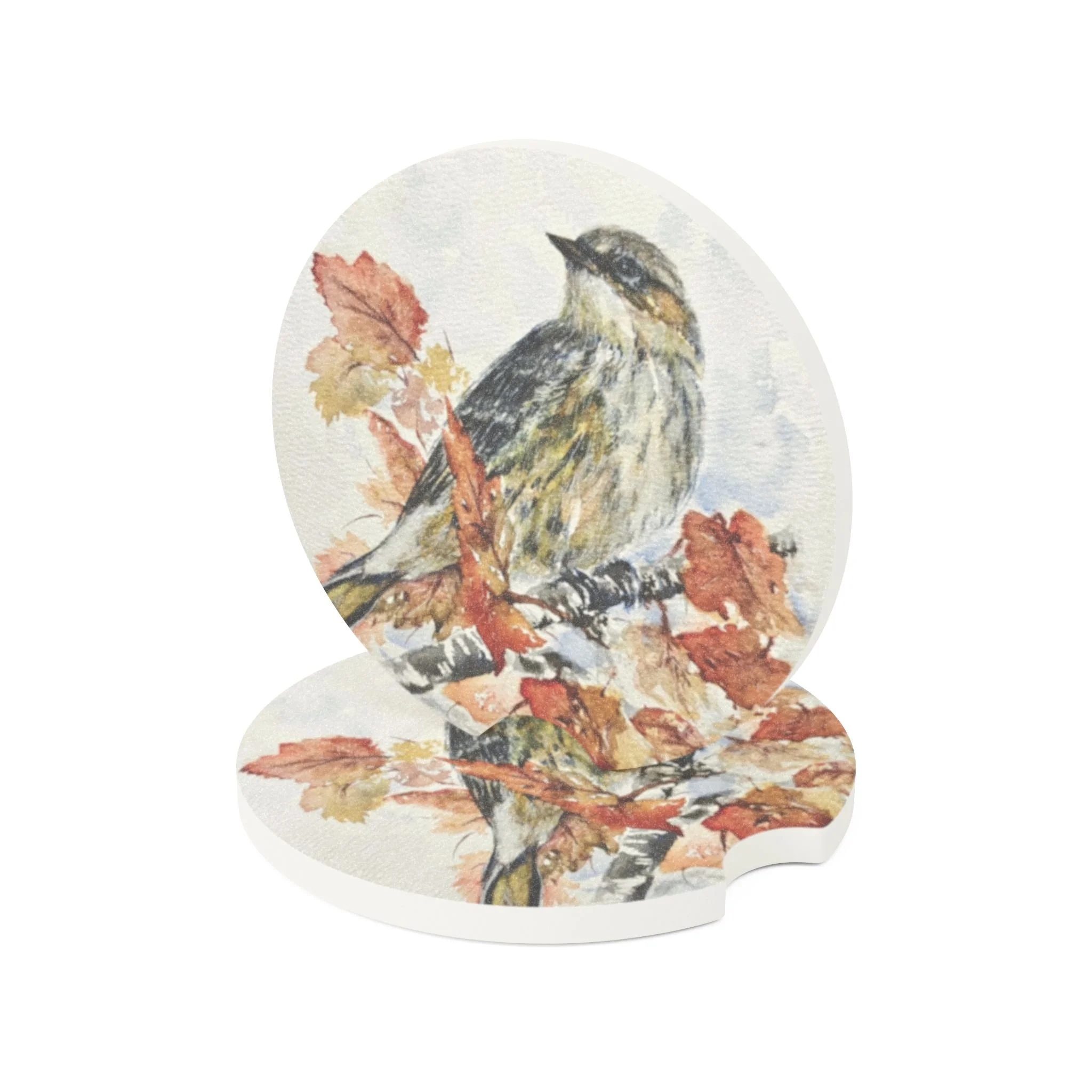 Autumn Bird Car Coaster | Absorbent Soapstone Auto Accessory For Cup Holders | Watercolor Art
