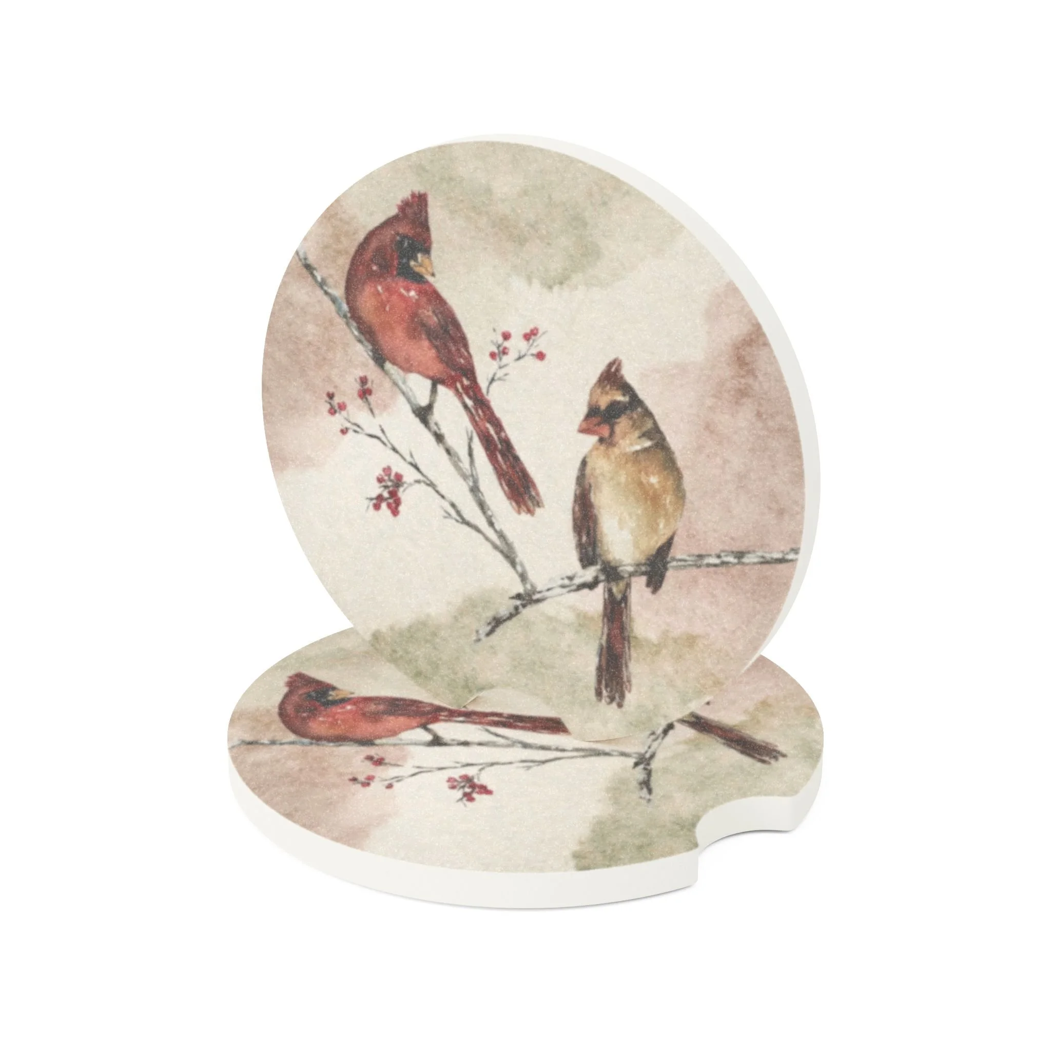 Cardinals Car Coaster | Absorbent Soapstone Auto Accessory For Cup Holders | Birds Watercolor Art