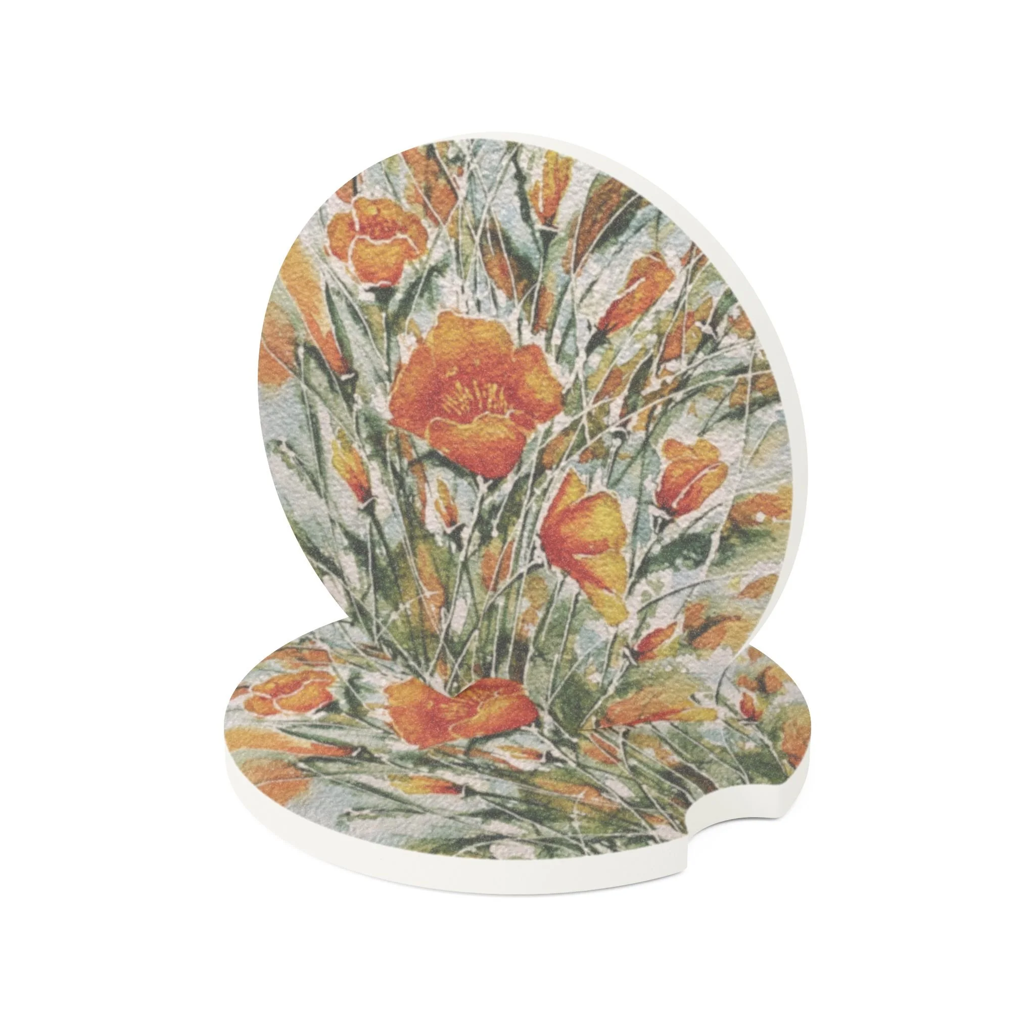 Poppies Car Coaster | Absorbent Soapstone Auto Accessory For Cup Holders | Floral Watercolor Art
