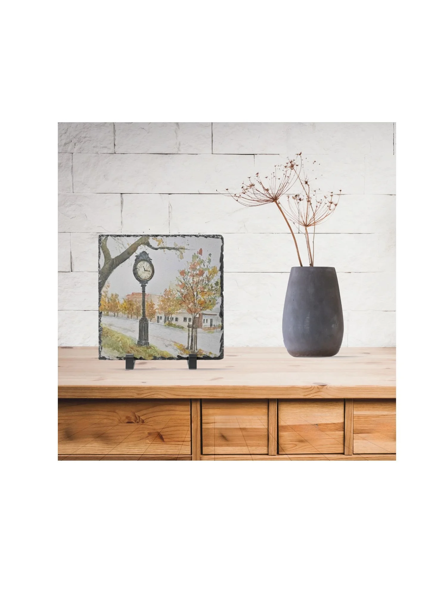 Plaza Clock and Maple Cafe 8" x 8" Slate Plaque