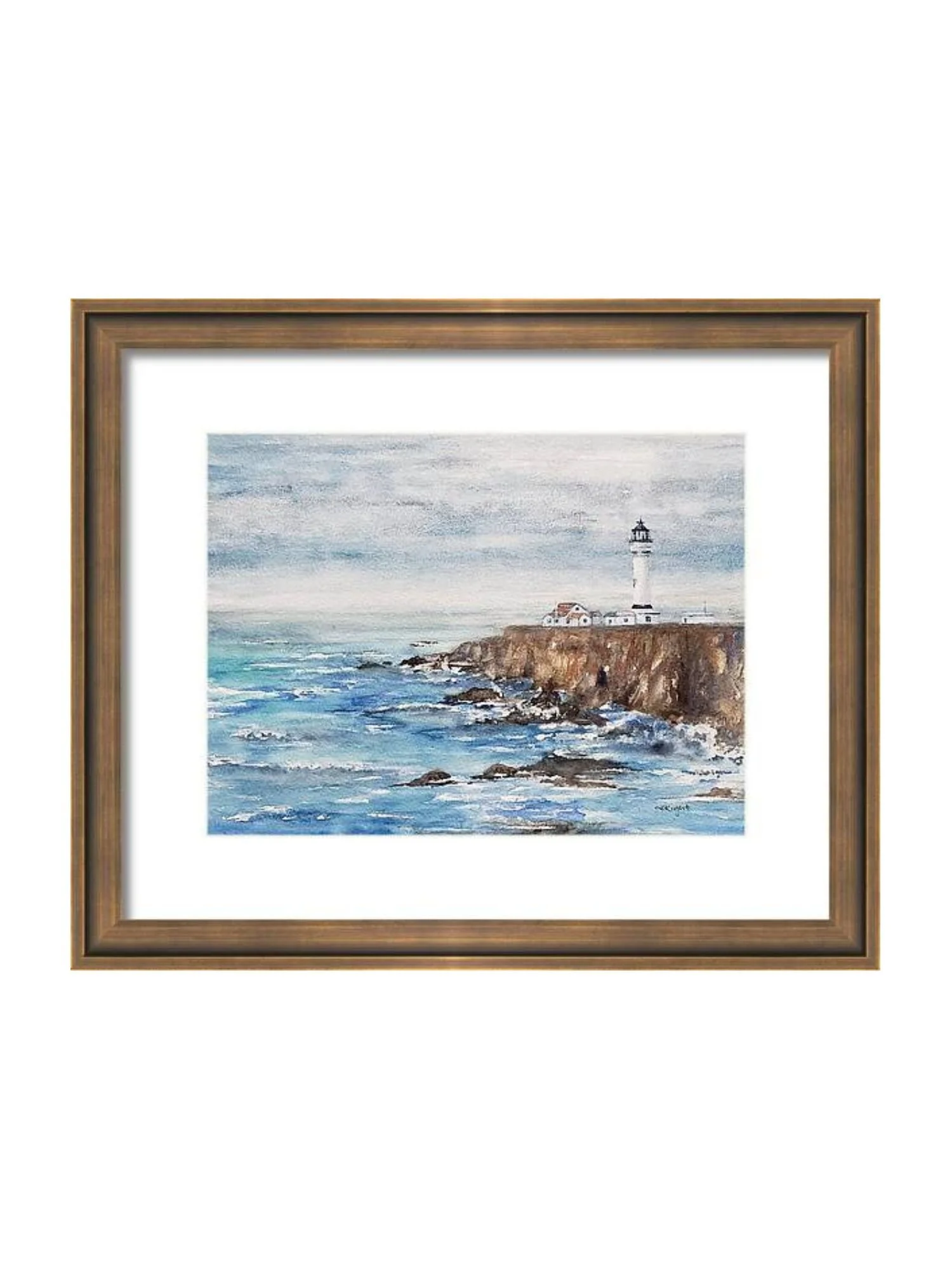 Watercolor painting of a waterfront scene featuring waves crashing against rocks and a lighthouse on a cliff, with a small building nearby. Point Arena Lighthouse.