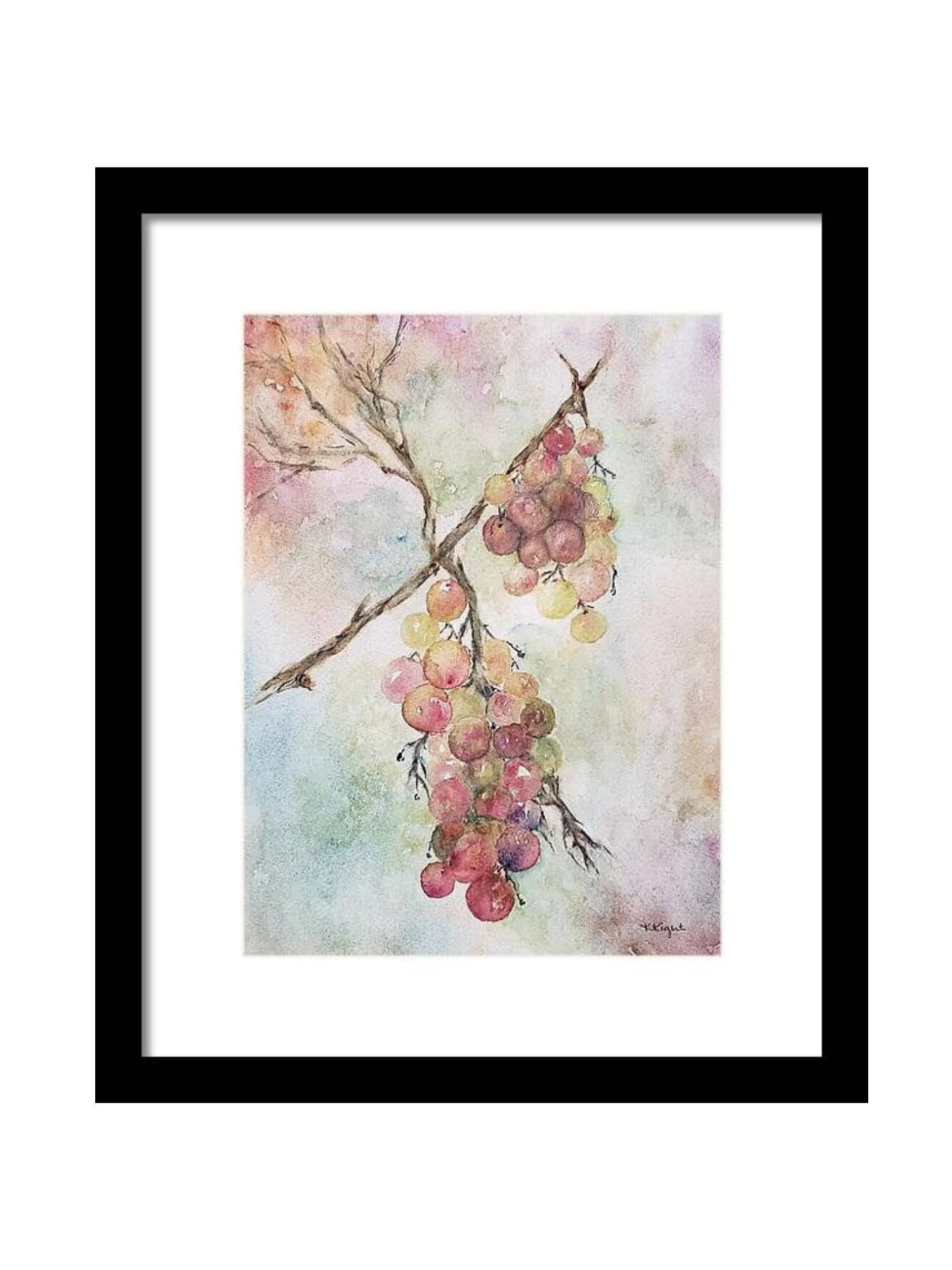 Watercolor painting of a grapevine branch with clusters of ripening grapes in soft pastel colors.