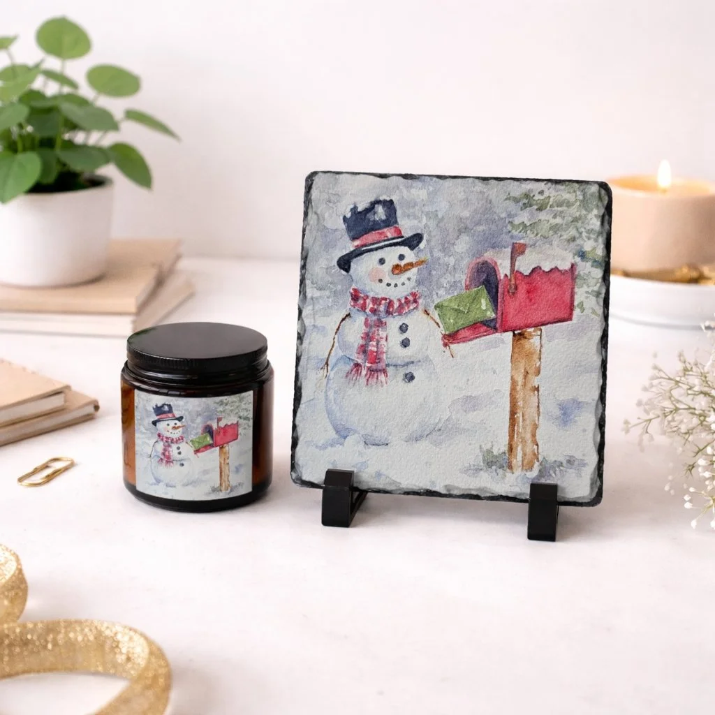Snowman Special Delivery Keepsake Slate Plaque, Candle and Greeting Card Gift Set *Free Shipping*
