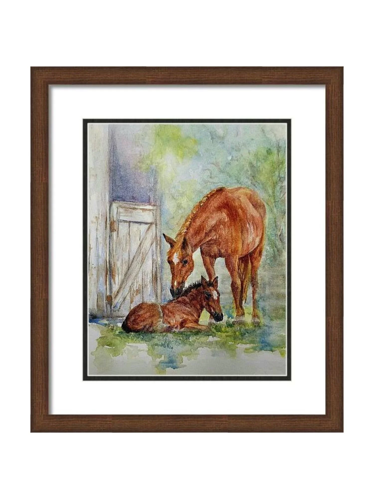 Watercolor painting of two horses, mare standing and foal lying on grass near a wooden stable door, with trees and greenery in the background.
