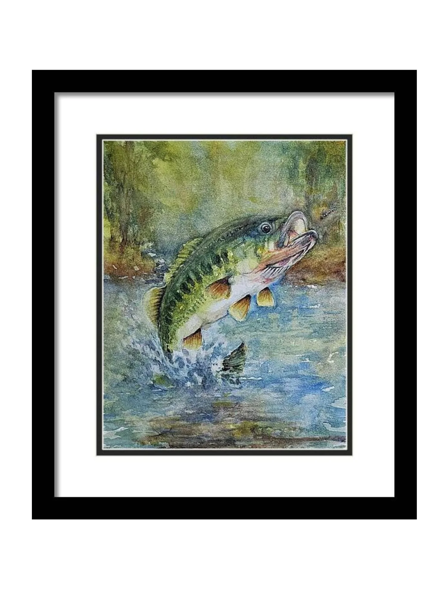 A colorful painting of a bass fish leaping out of the water with water splash and a nature background.