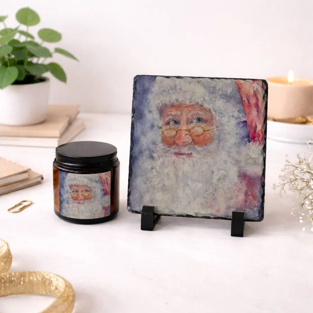Santa Keepsake Slate Plaque, Candle and Greeting Card Gift Set *Free Shipping*
