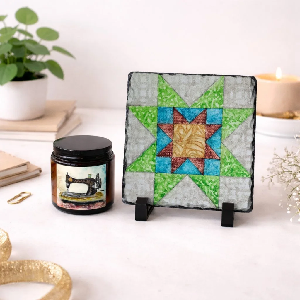 Double Star Quilt Block Slate Plaque and Candle Gift Set