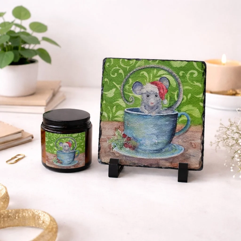 Christmas Tea Keepsake Slate Plaque, Candle and Greeting Card Gift Set *Free Shipping*