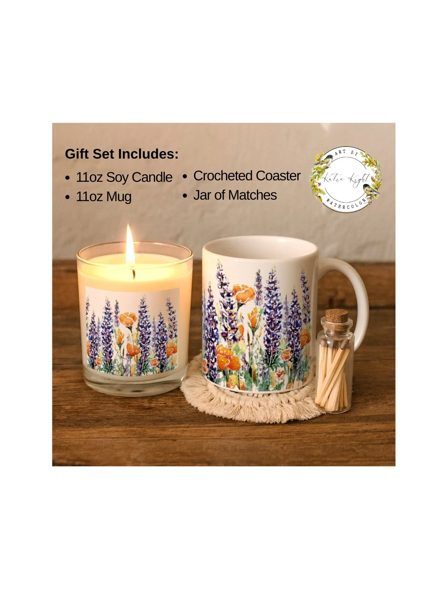 Poppies and Lupine Mug, Candle, Coaster, Matches Gift Set
