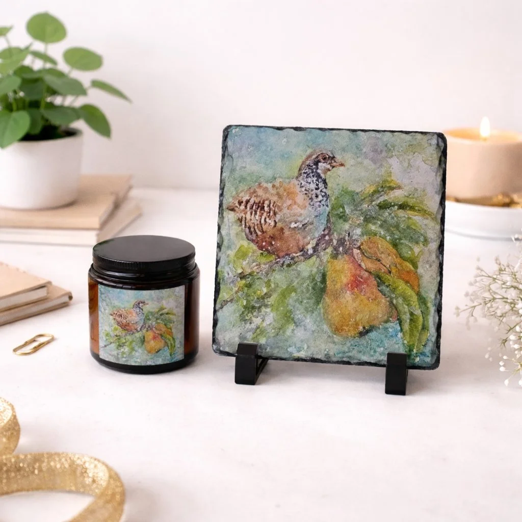 Partridge in a Pear Tree Keepsake Slate Plaque, Candle and Greeting Card Gift Set *Free Shipping*