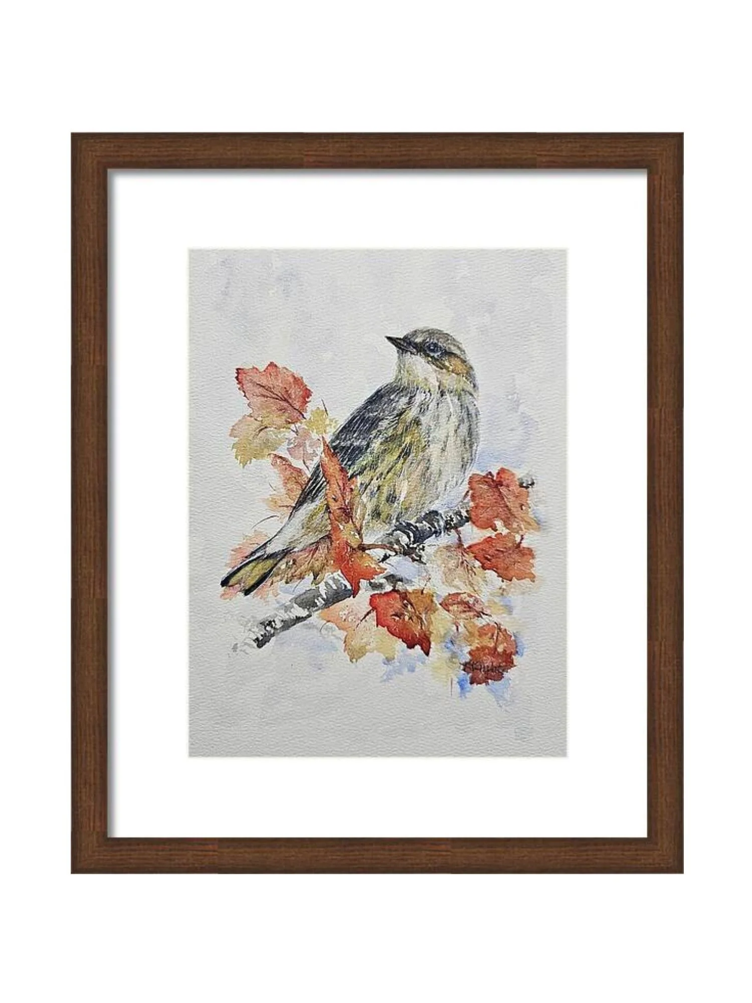 Watercolor painting of a warbler bird perched on a branch with autumn leaves in shades of red, orange, and yellow, framed in wood.