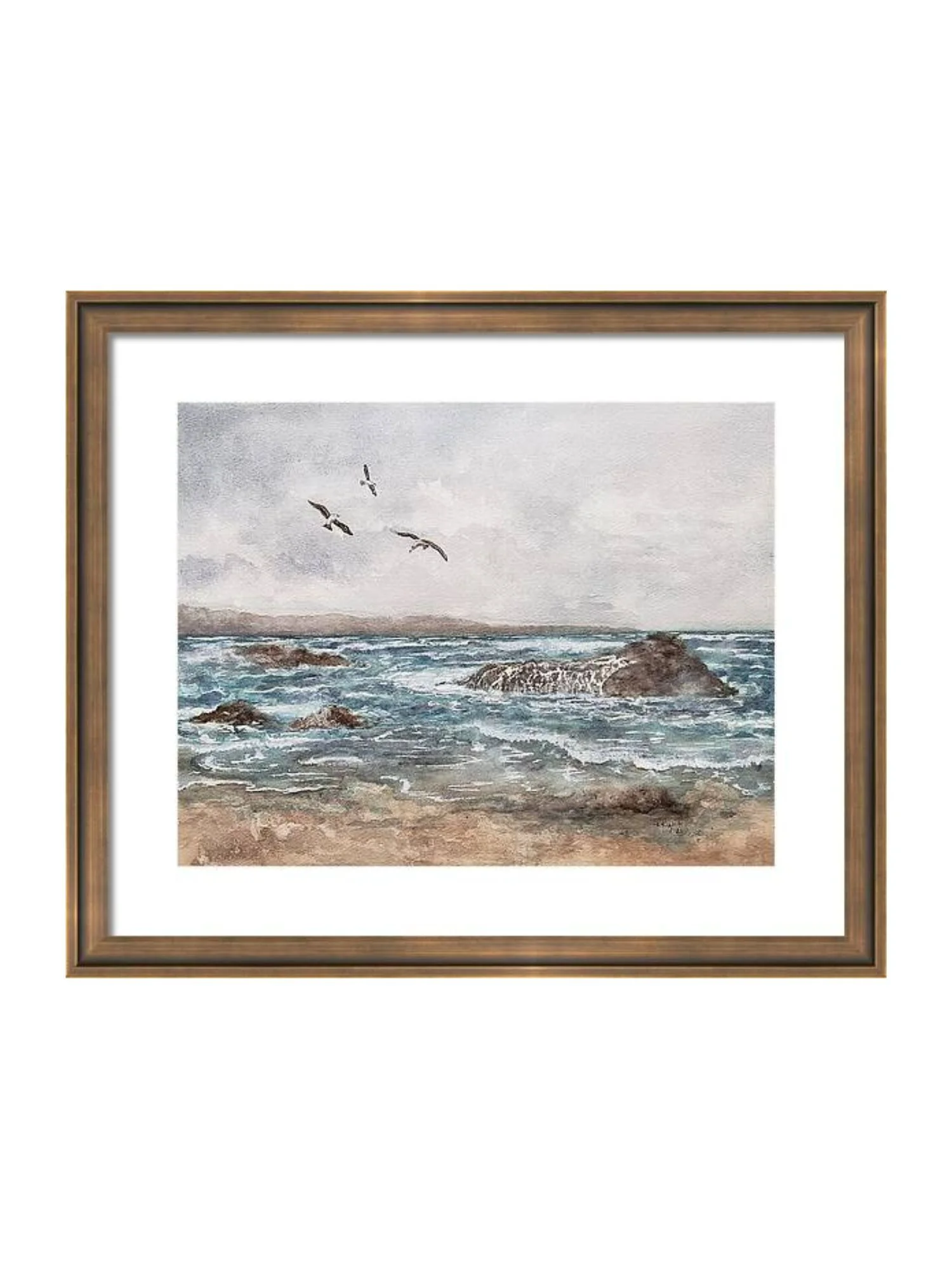 Watercolor painting of a seascape with waves, rocks, and three flying seagulls under a cloudy sky.