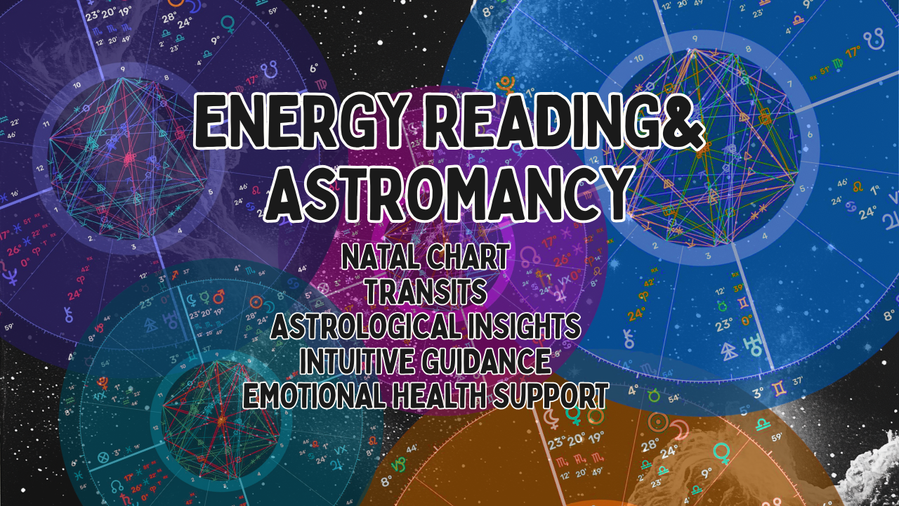 Two humanoid figures made of glowing digital particles, one in green and one in gold, facing opposite directions against a dark background with the text 'Energy Readings & Astrology' overlaying the image.