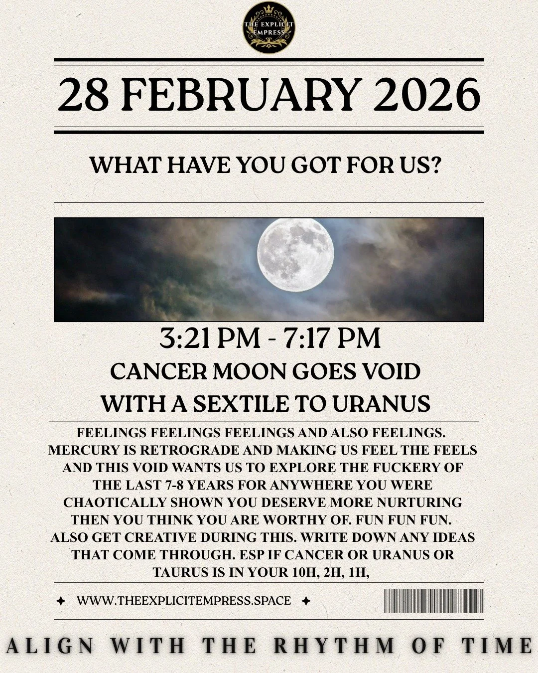 void moon for a few hours. don't make any big decisions, this one is emotionally chaotic!! #astrology #280226