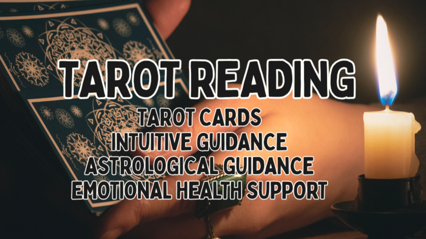 Close-up of tarot cards with black and gold designs, held by a person's hand, over a dark background. Text overlay reads "Tarot Reading".
