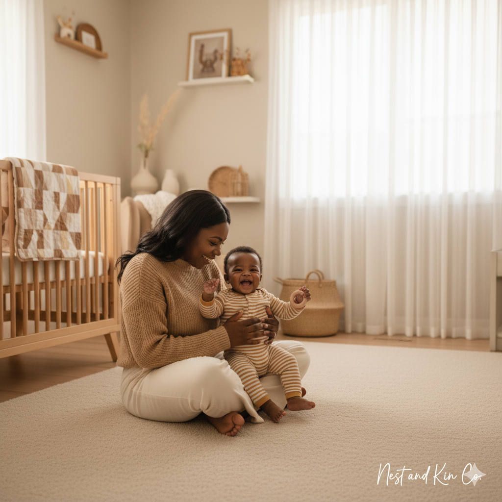 A teddy bear sitting on white pillows beside a wicker basket and a cream-colored knitted blanket.