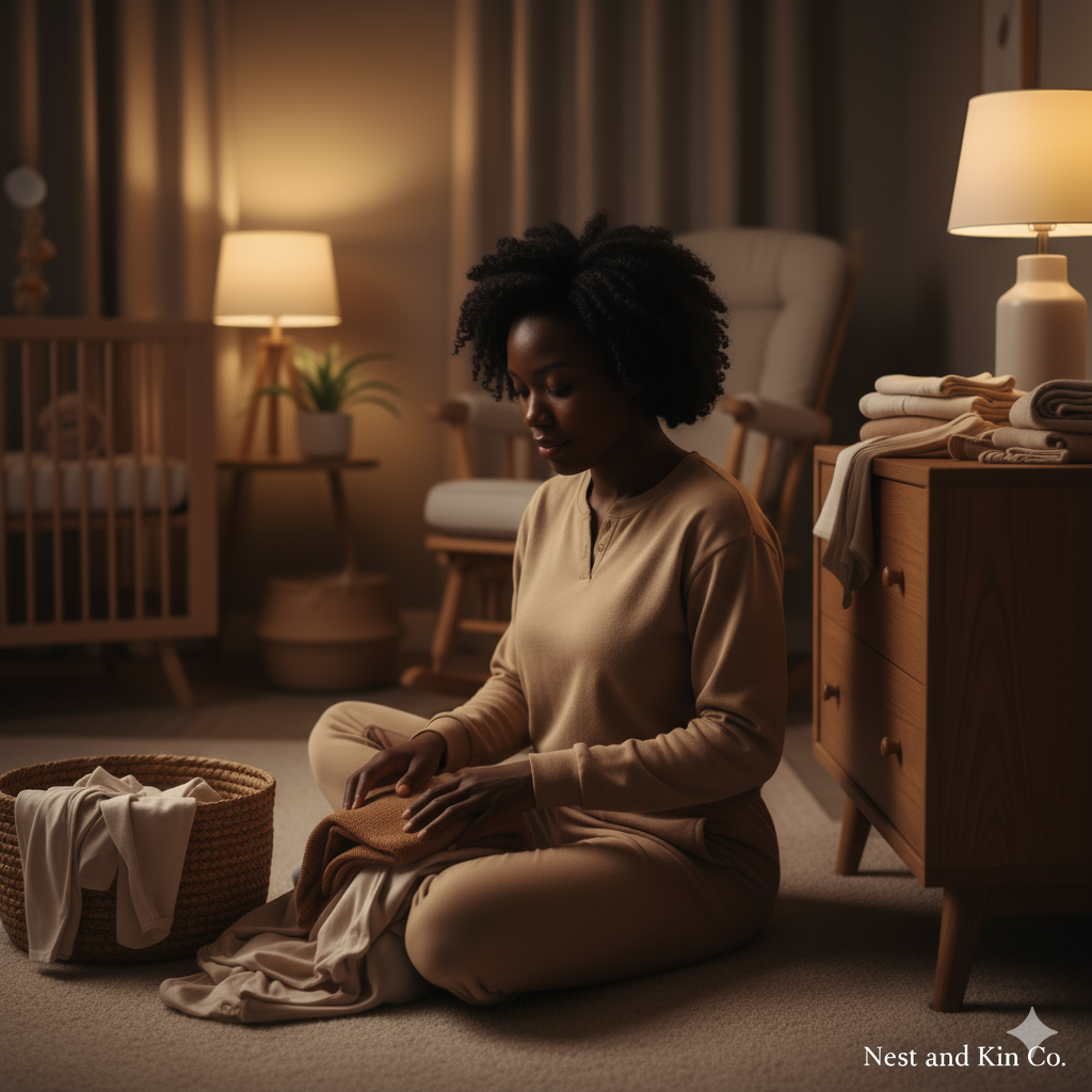 A teddy bear sitting on white pillows beside a wicker basket and a cream-colored knitted blanket.