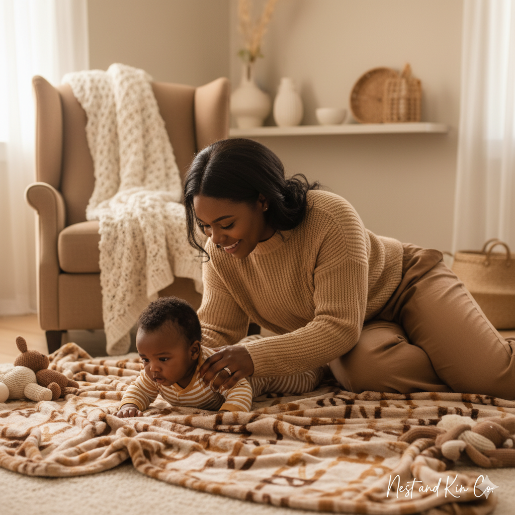 A teddy bear sitting on white pillows beside a wicker basket and a cream-colored knitted blanket.