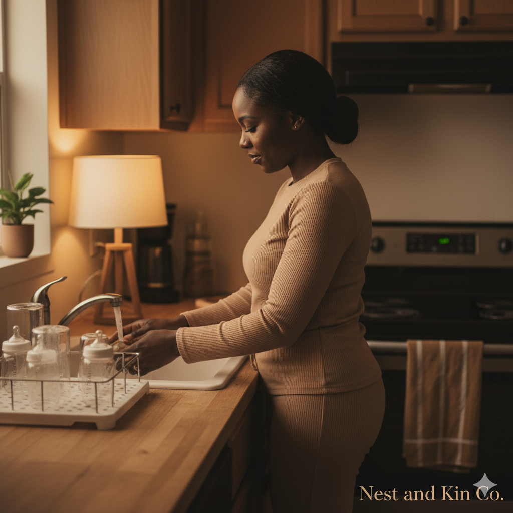 Nursery or baby's room with wooden dresser, framed animal artwork, gold star garland on wall, soft blanket-covered circular crib with stuffed animals, white rug, and warm wood flooring.