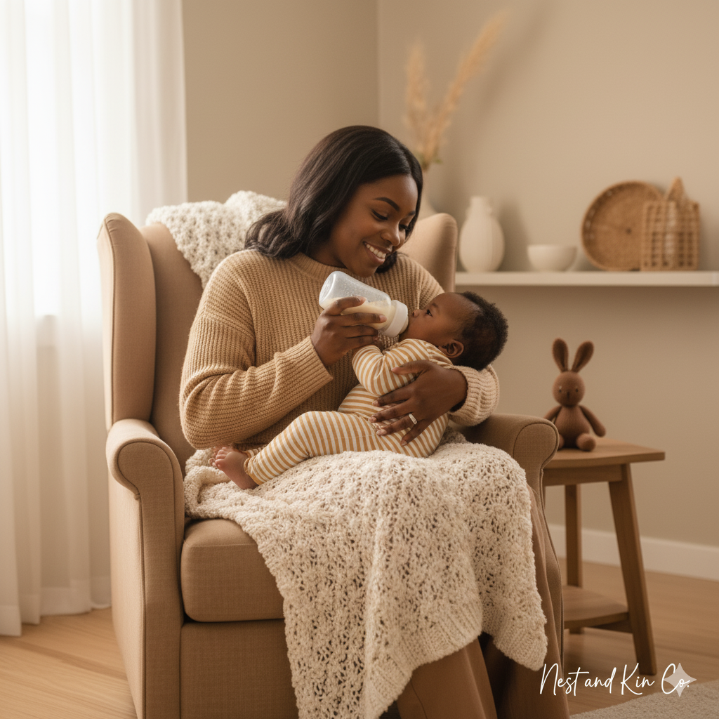 Nursery or baby's room with wooden dresser, framed animal artwork, gold star garland on wall, soft blanket-covered circular crib with stuffed animals, white rug, and warm wood flooring.