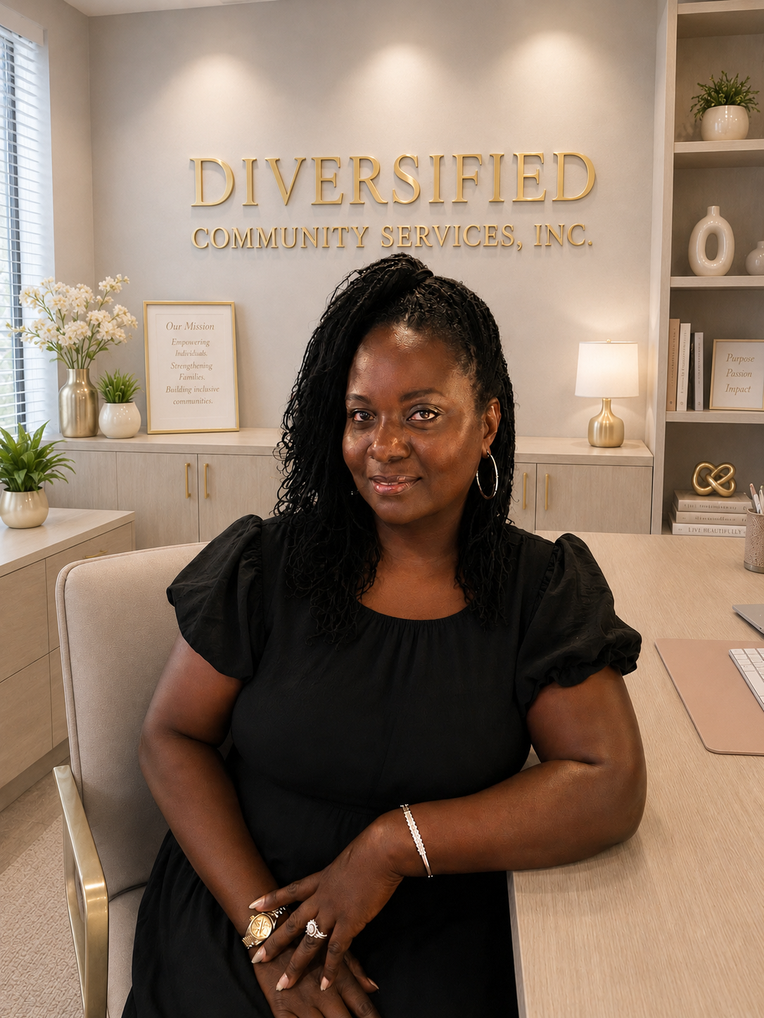 A woman sitting at a desk, wearing a black top with puffed sleeves, gold hoop earrings, and jewelry including rings and a bracelet, in an office with white shelves and a computer in the background.