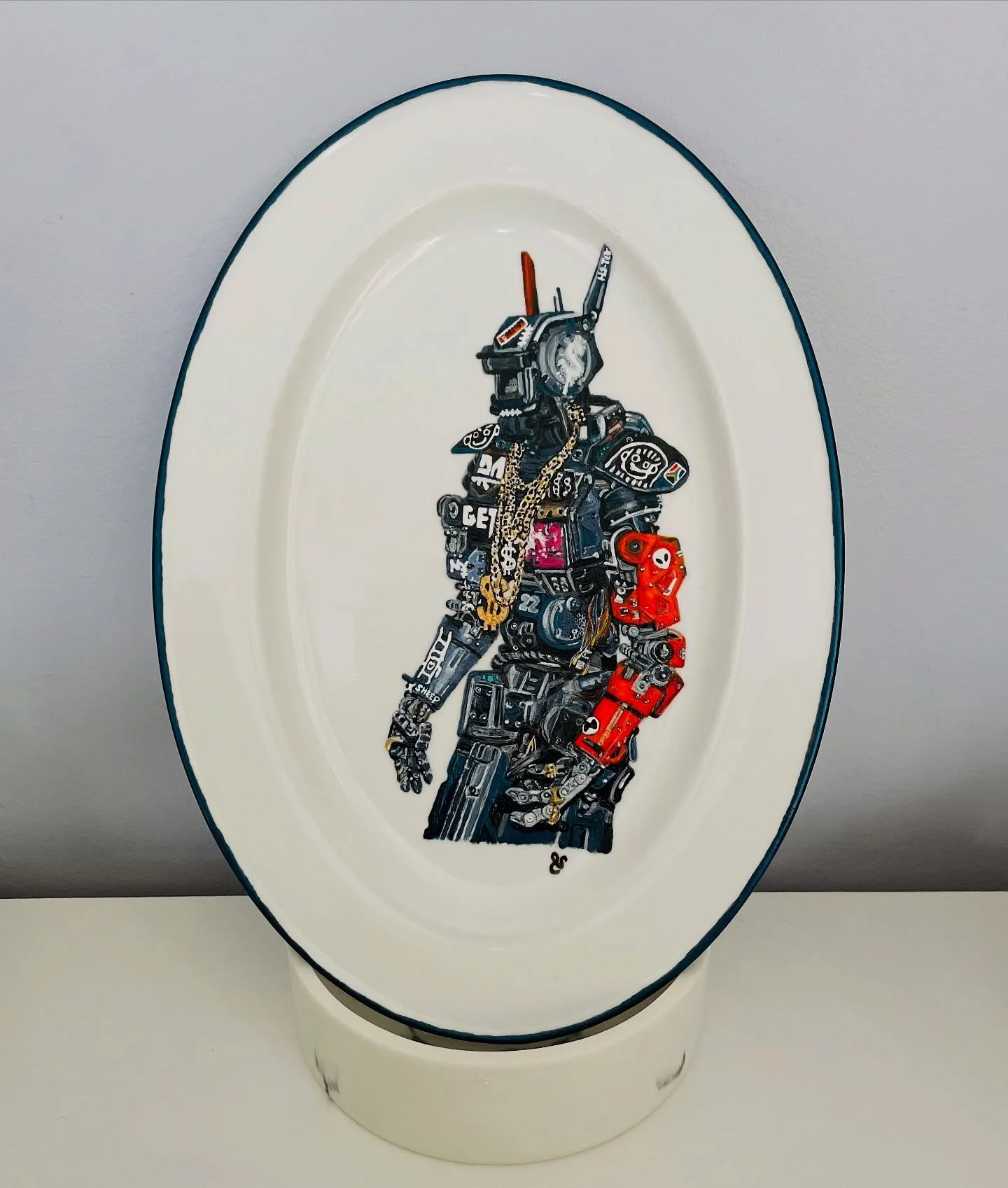 Quite the departure from my usual subjects! 🤖 
I have recently started working on a range of ceramics again. Some pieces were literally heading to landfill! It&rsquo;s been ages since I worked on a ceramic plate, I&rsquo;ve been meaning to get back 
