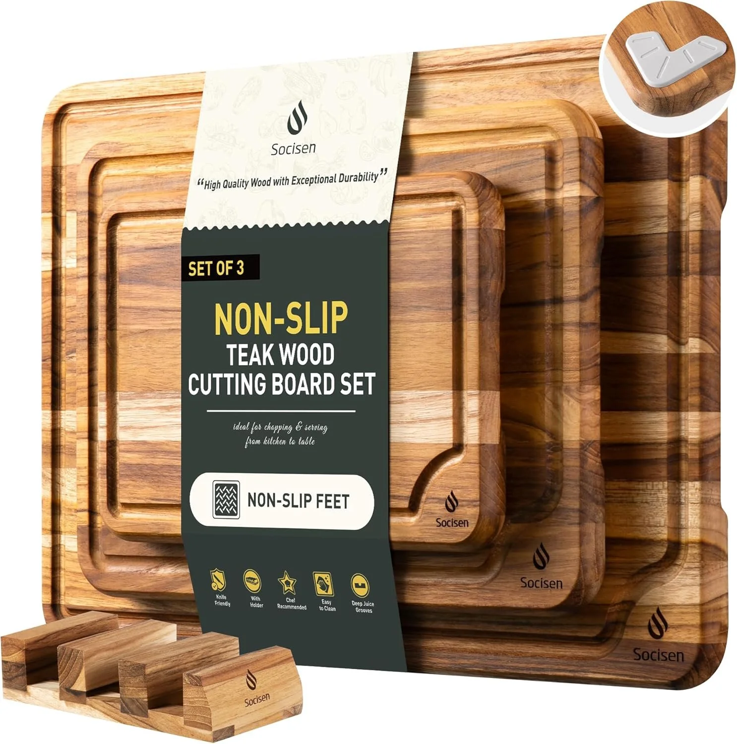 Set of three non-slip teak wood cutting boards in varying sizes with a wood grain finish, packaged with a label indicating features such as knife friendly, wash holder, chef recommended, easy to clean, and deep juice grooves, with additional close-up images of the non-slip foot attached to the boards.