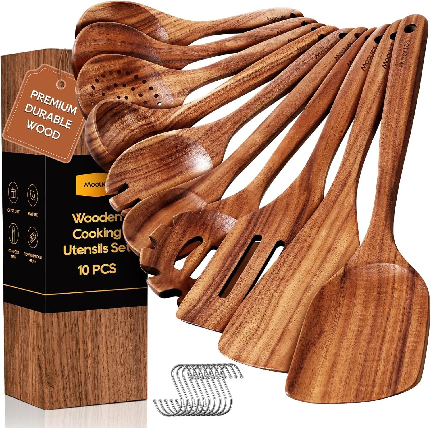 Set of 10 wooden cooking utensils including spoons, slotted spatulas, and a pasta server, with metal hooks for hanging, alongside the product packaging and label indicating 'Premium Durable Wood'.
