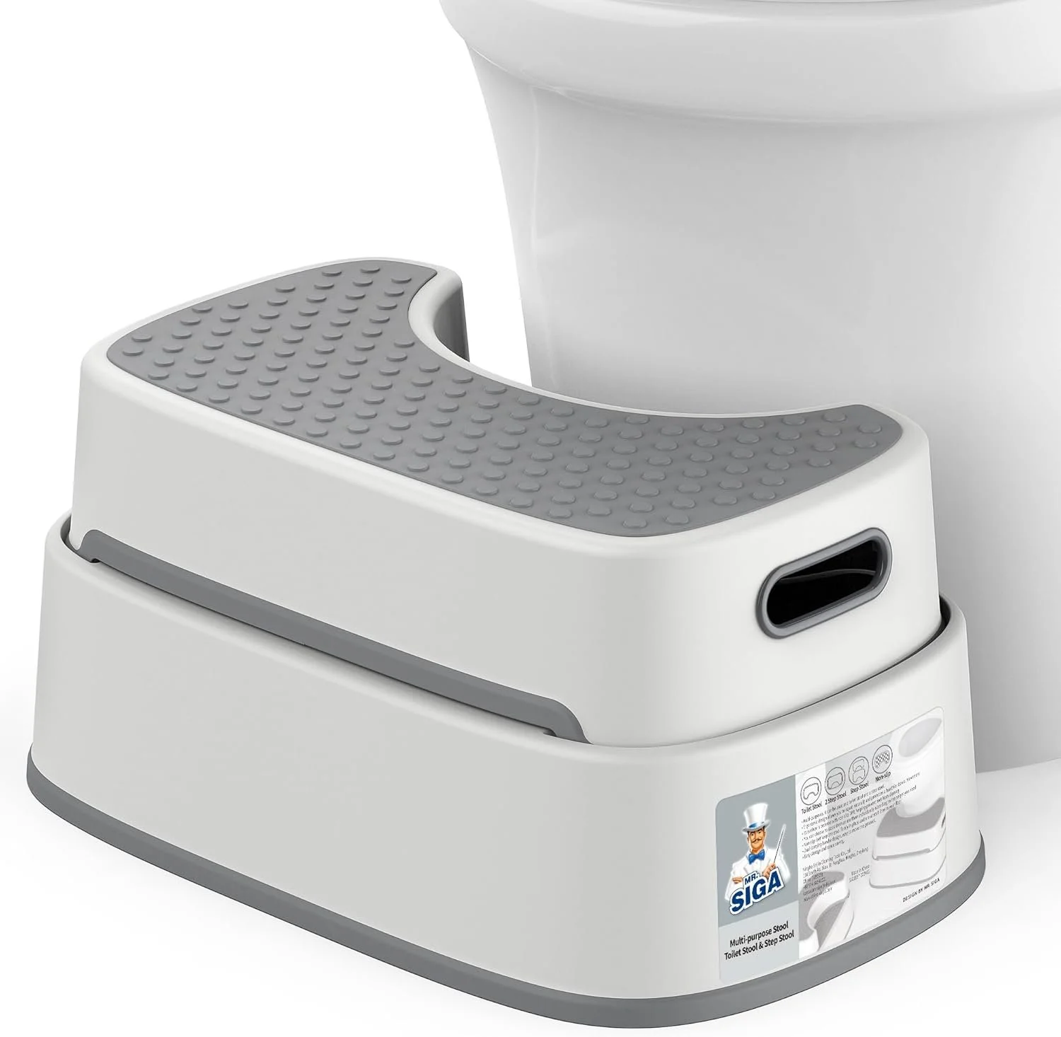 A Mr. SIGA multi-purpose steel toilet stool and step stool with a gray textured surface for grip, designed for use with a toilet.