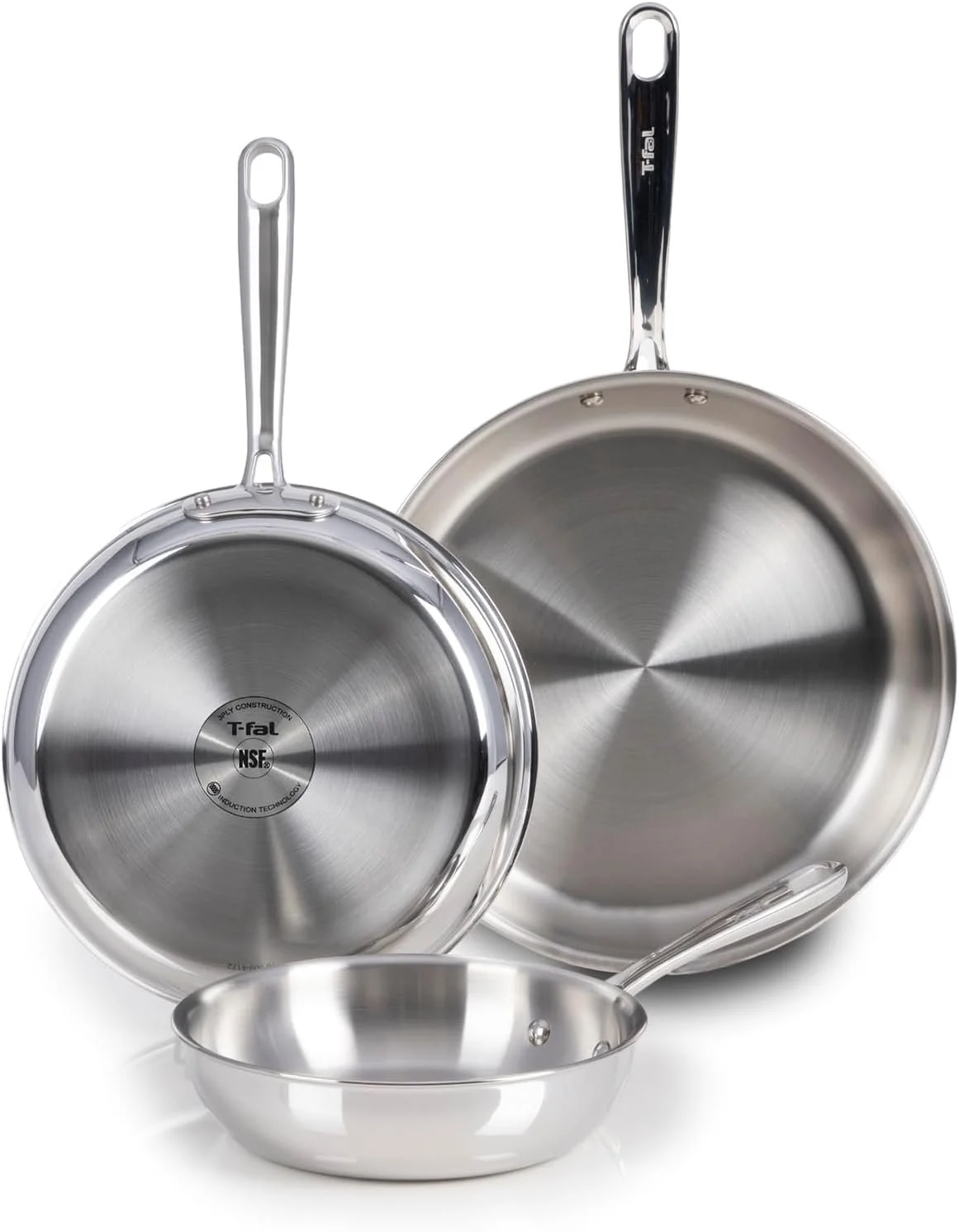 Three stainless steel cookware pieces: two saucepans and a small frying pan, arranged on a white background.