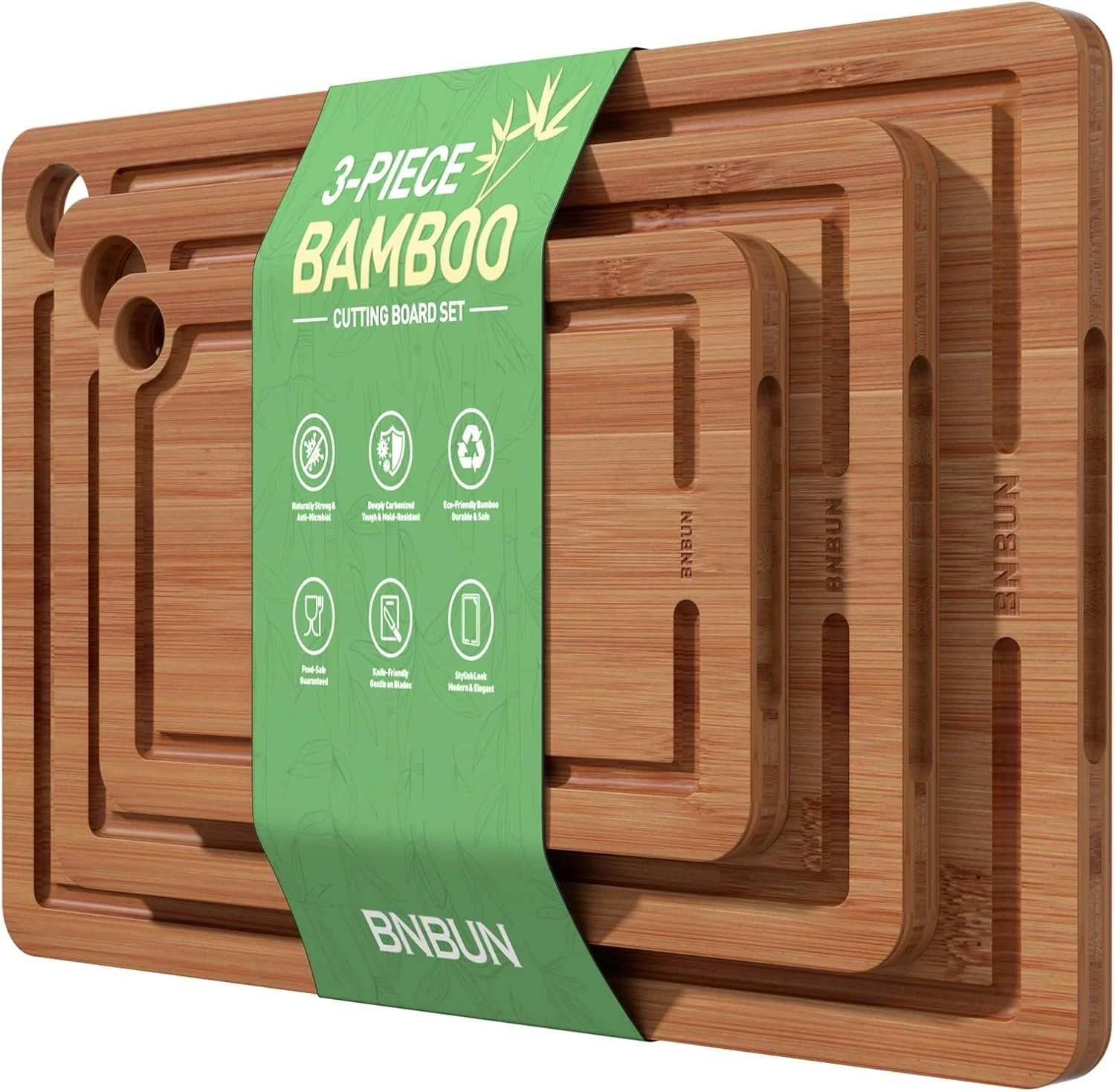 Three-piece bamboo cutting board set with engraved brand name BN BUN.