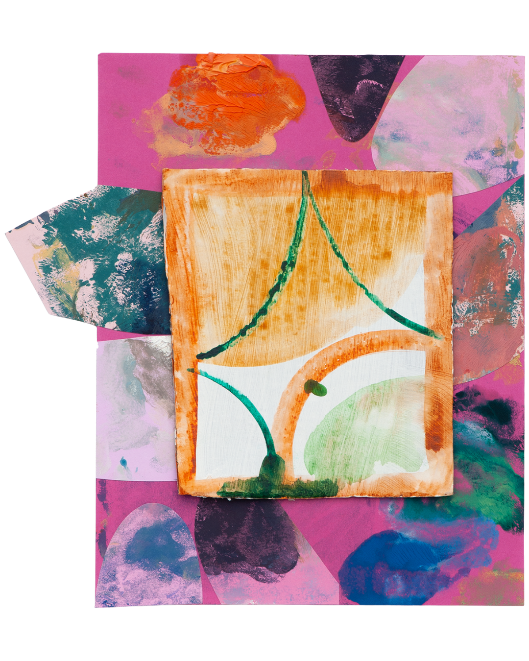 Watch Out, 2022, oil, watercolor, and glue on paper and cardboard, 11" x 10"