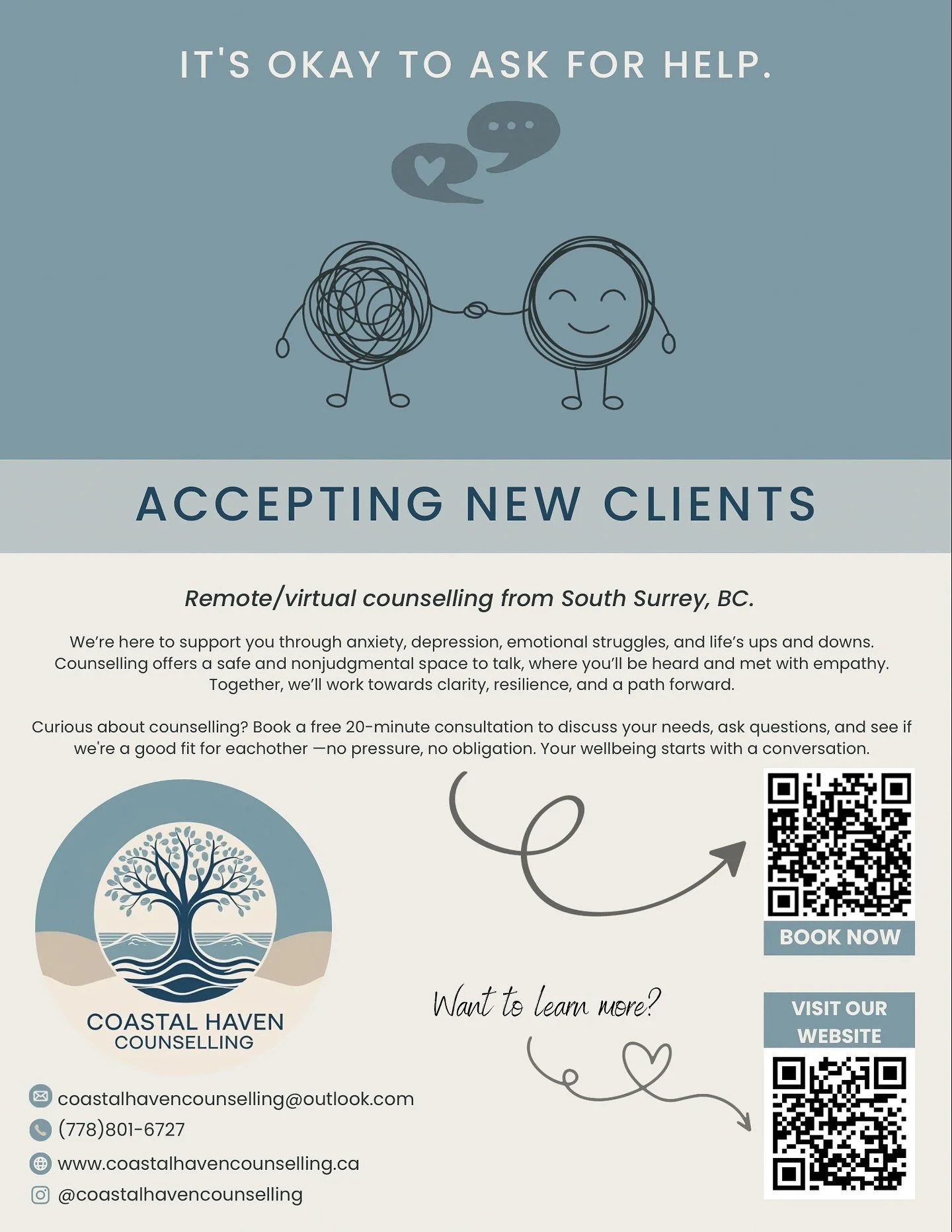 ✨Accepting New Clients ✨

Book your free 20-minute consultation to see if we are a good fit to help you along your mental health journey 

#whiterockbc #mentalhealth
