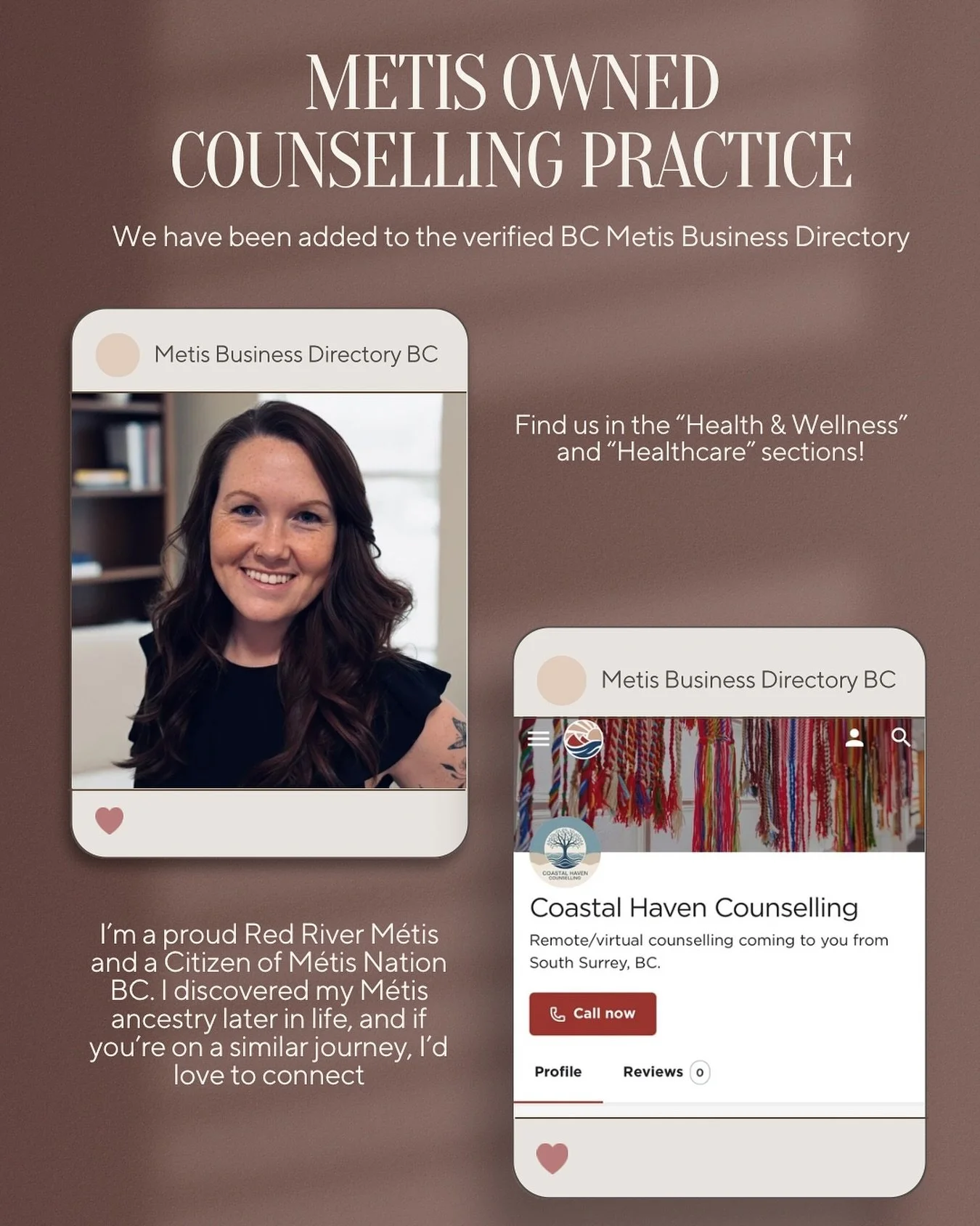 ✨ Big news! We're proud to share that our counselling practice is now officially recognized in the BC M&eacute;tis Business Directory as a 100% M&eacute;tis-owned business. Thankful to be part of this strong community and to offer compassionate and c
