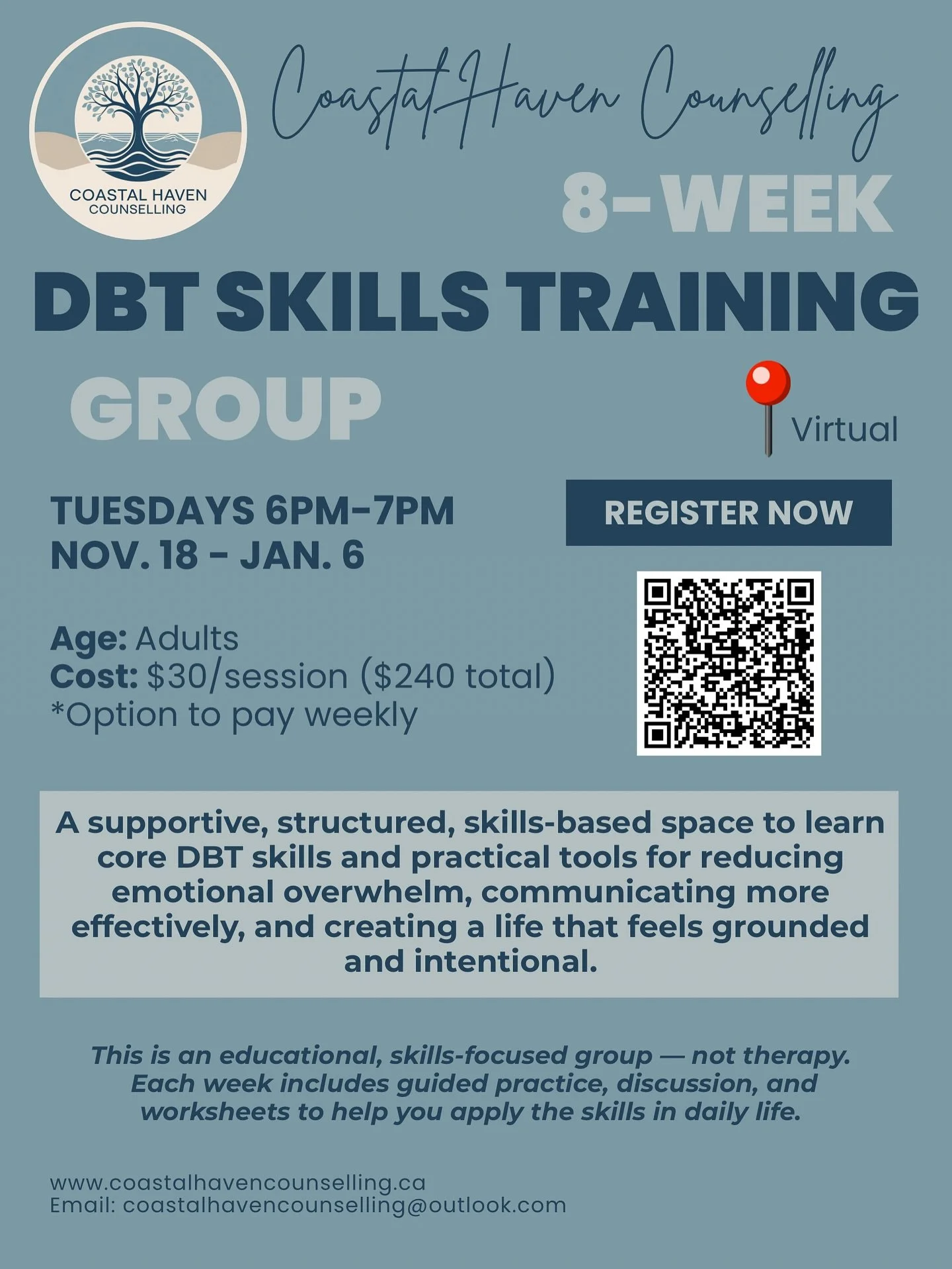 8-Week DBT Skills Training Group ✨

This structured, skills-focused group is designed to help you build core DBT skills &mdash; so you can reduce emotional overwhelm, communicate more effectively, and feel more grounded + intentional in your daily li