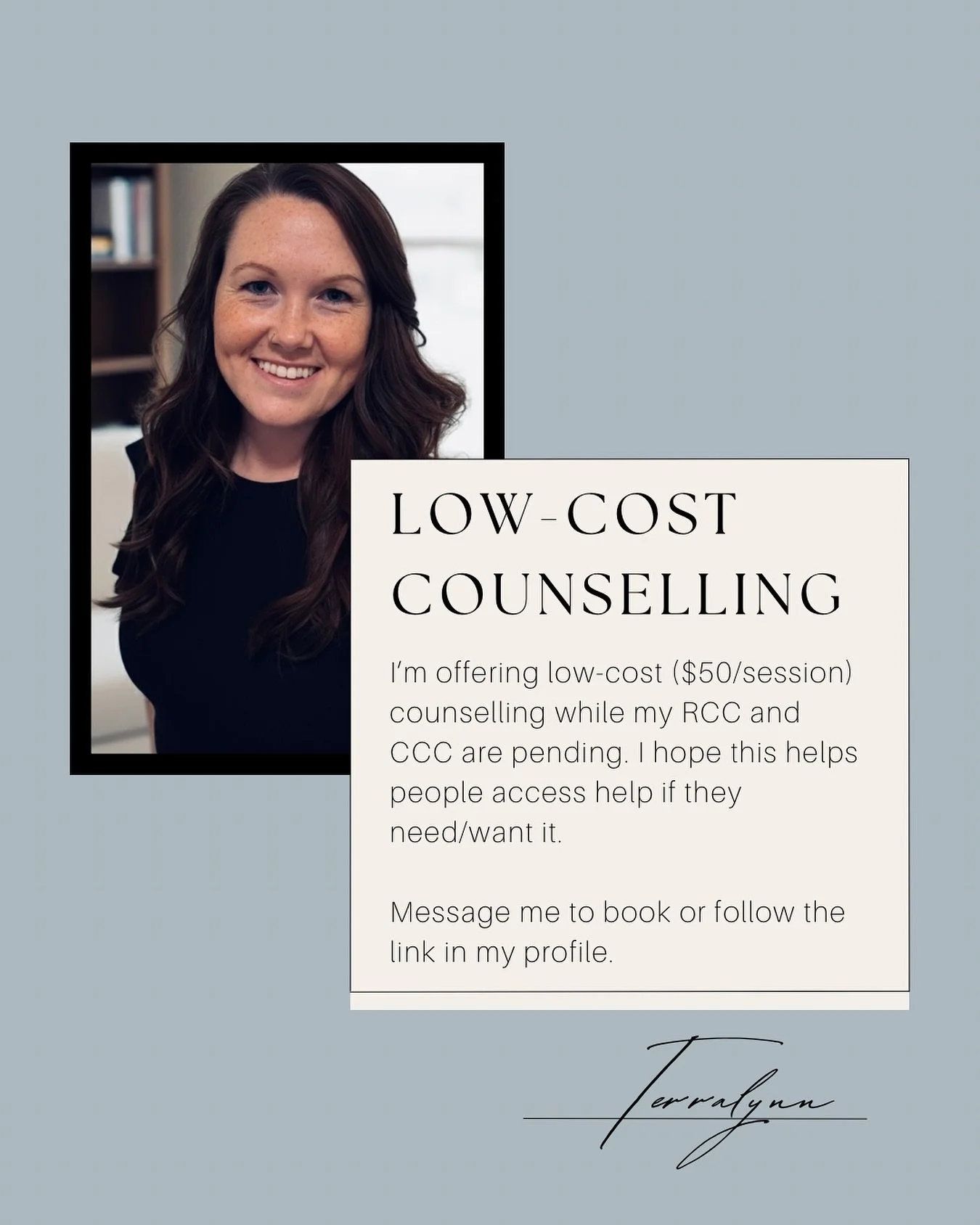 Therapy doesn&rsquo;t have to feel out of reach.

I&rsquo;m currently offering low-cost counselling sessions while my RCC &amp; CCC are pending.

If you&rsquo;ve been waiting for a more accessible place to land &mdash; I&rsquo;m here.

DM or click th