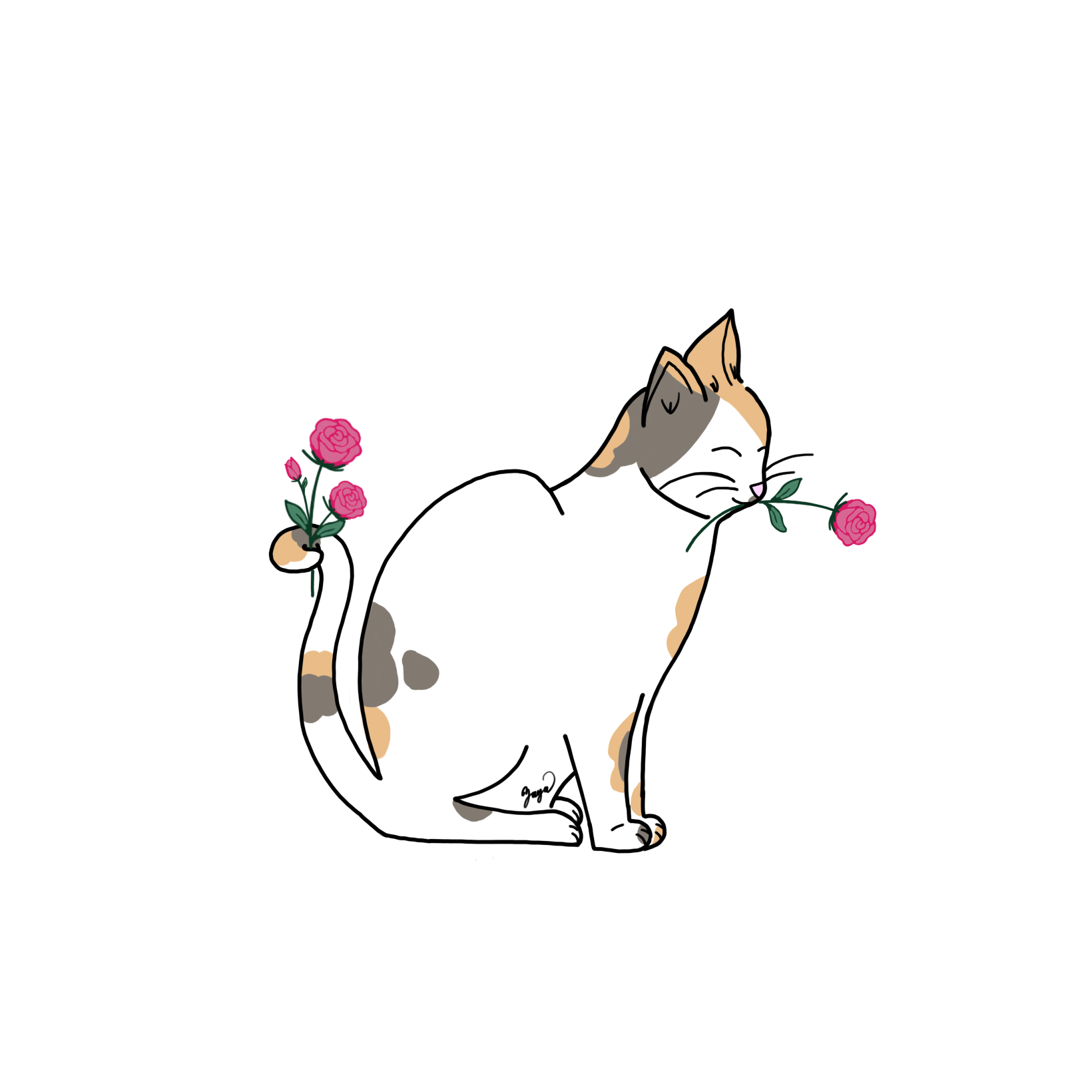 Cute Illustration of a calico cat holding pink roses in its mouth and on its tail.