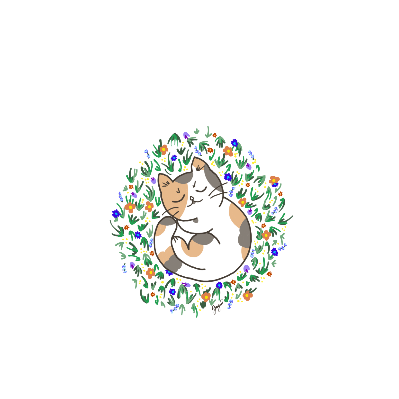 A cute illustration of a sleeping cat, surrounded by a circular border of colorful flowers and green leaves.