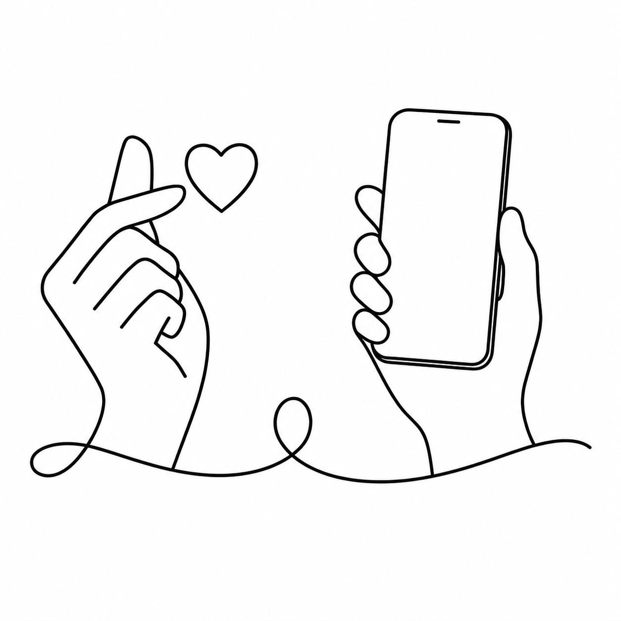 Line drawing of a hand making a finger heart with a small heart nearby and another hand holding a smartphone.