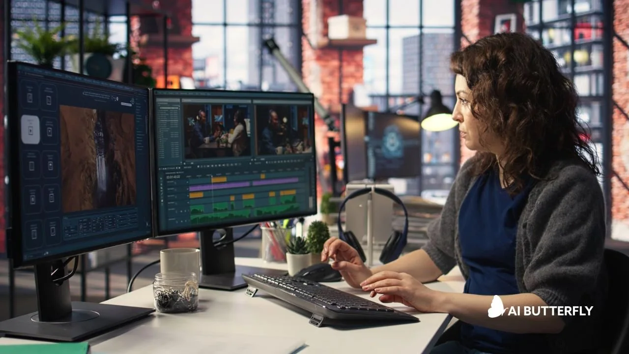 Video editing software timeline showing post-production polish, sound design, and motion graphics for an animated video.