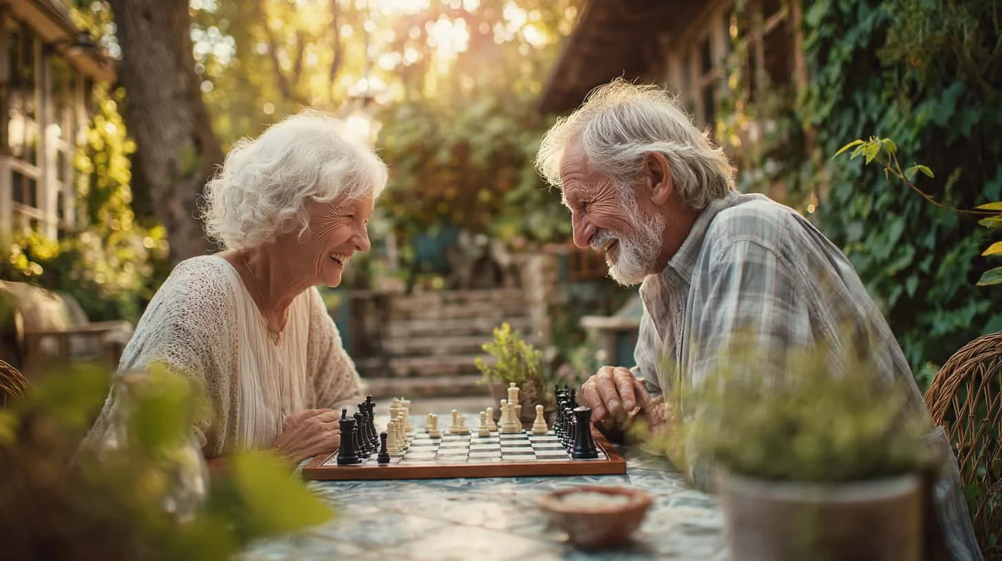An elderly woman and man playing chess outdoors at a table, smiling and enjoying each other's company.