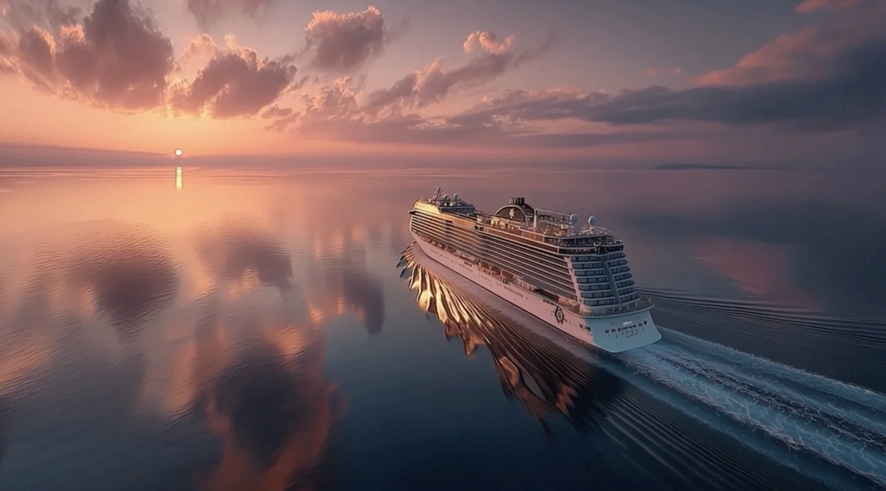 A large cruise ship sailing on calm ocean water at sunset, with the sun near the horizon and pink and purple clouds in the sky.